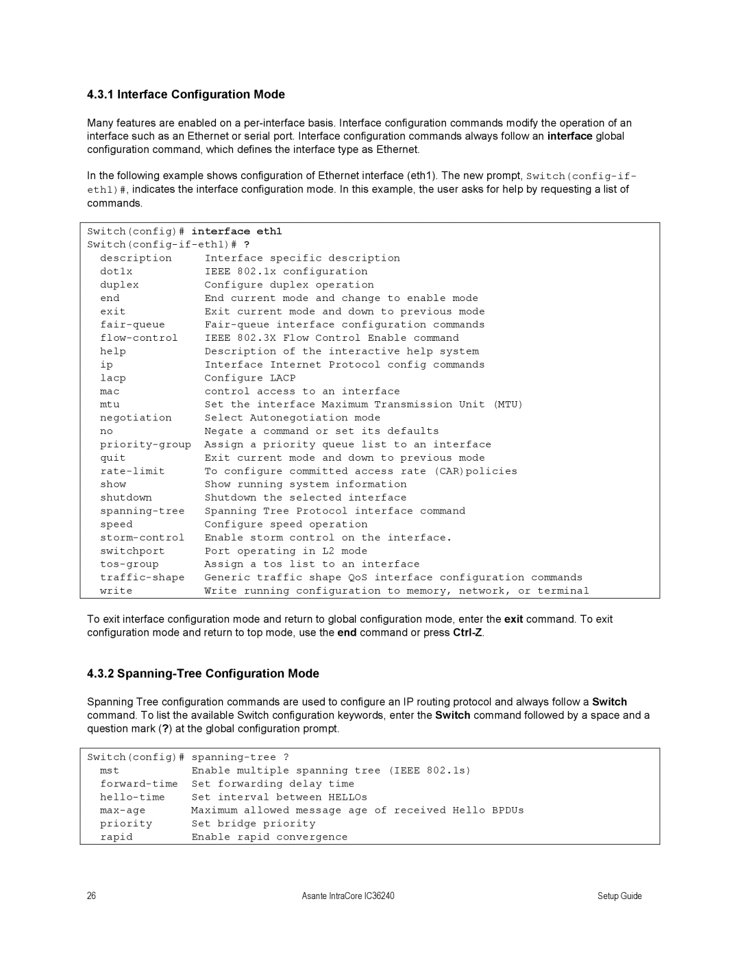 Asante Technologies IC36240 Series setup guide Interface Configuration Mode, Spanning-Tree Configuration Mode 