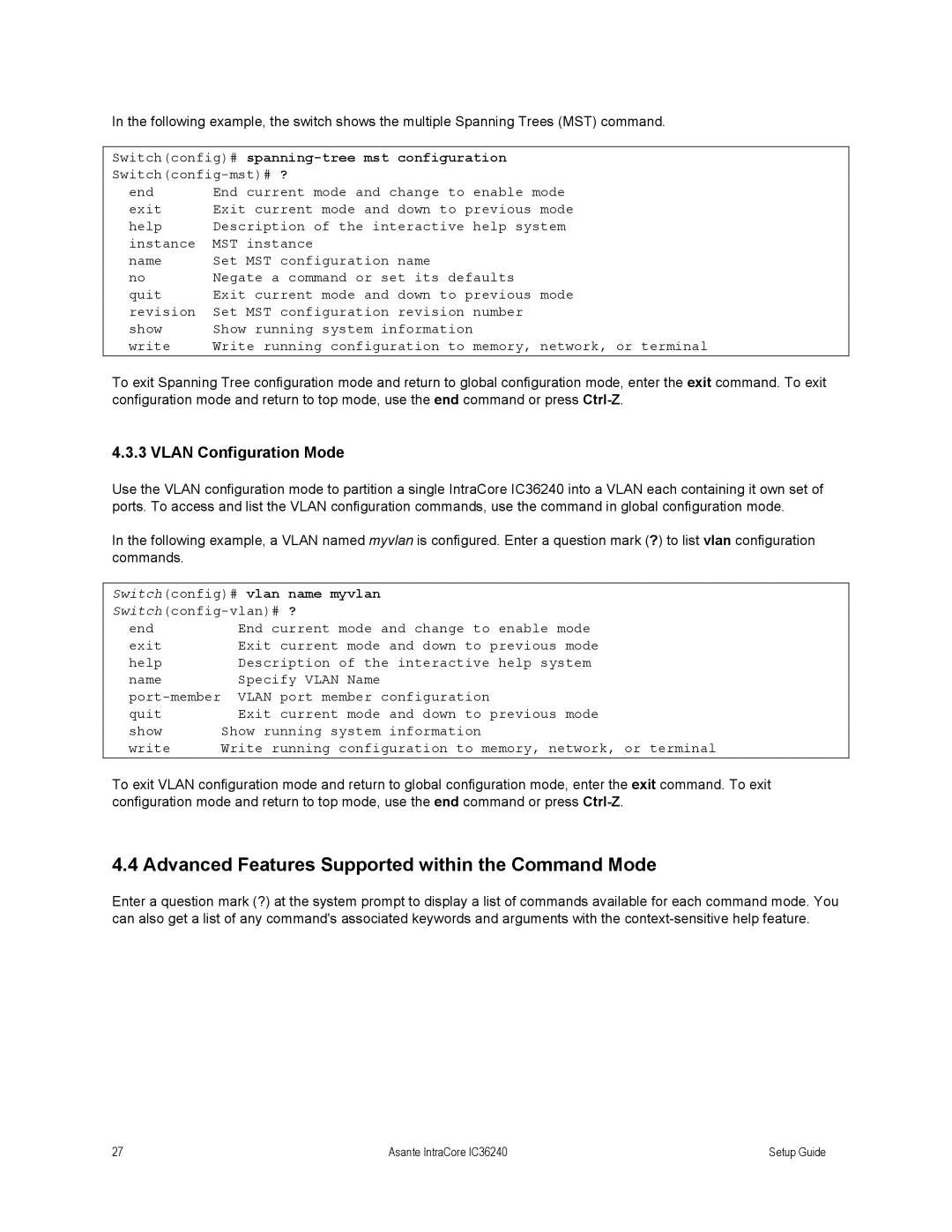 Asante Technologies IC36240 Series setup guide Advanced Features Supported within the Command Mode, Vlan Configuration Mode 