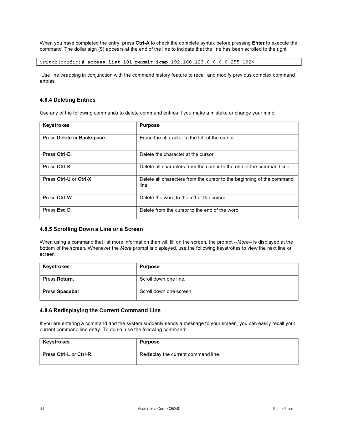 Asante Technologies IC36240 Series setup guide Deleting Entries, Scrolling Down a Line or a Screen 