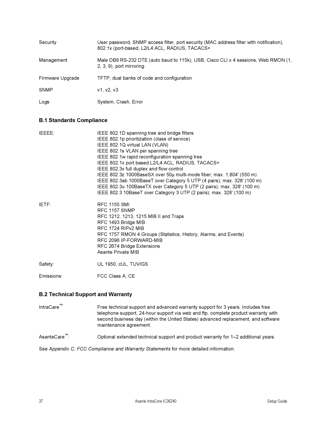 Asante Technologies IC36240 Series setup guide Standards Compliance, Technical Support and Warranty 