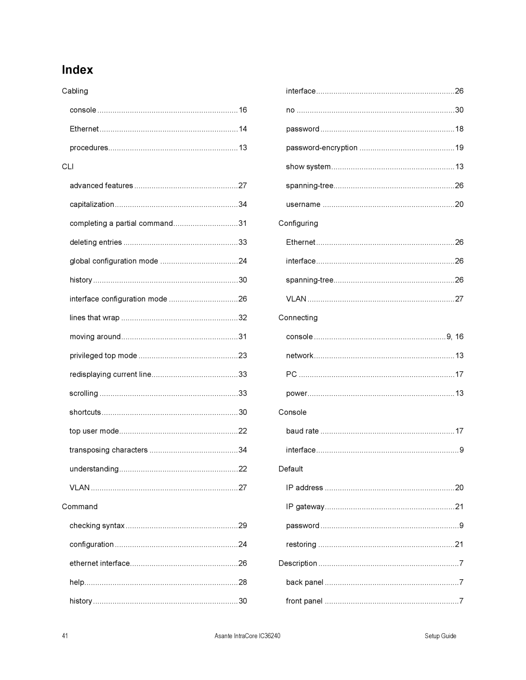 Asante Technologies IC36240 Series setup guide Index, Cli 
