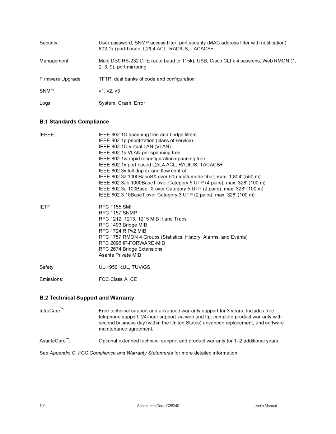 Asante Technologies IC36240 user manual Standards Compliance, Technical Support and Warranty 