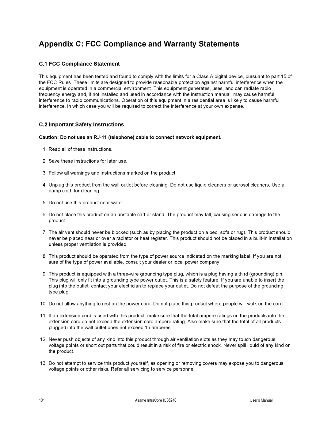 Asante Technologies IC36240 user manual Appendix C FCC Compliance and Warranty Statements 