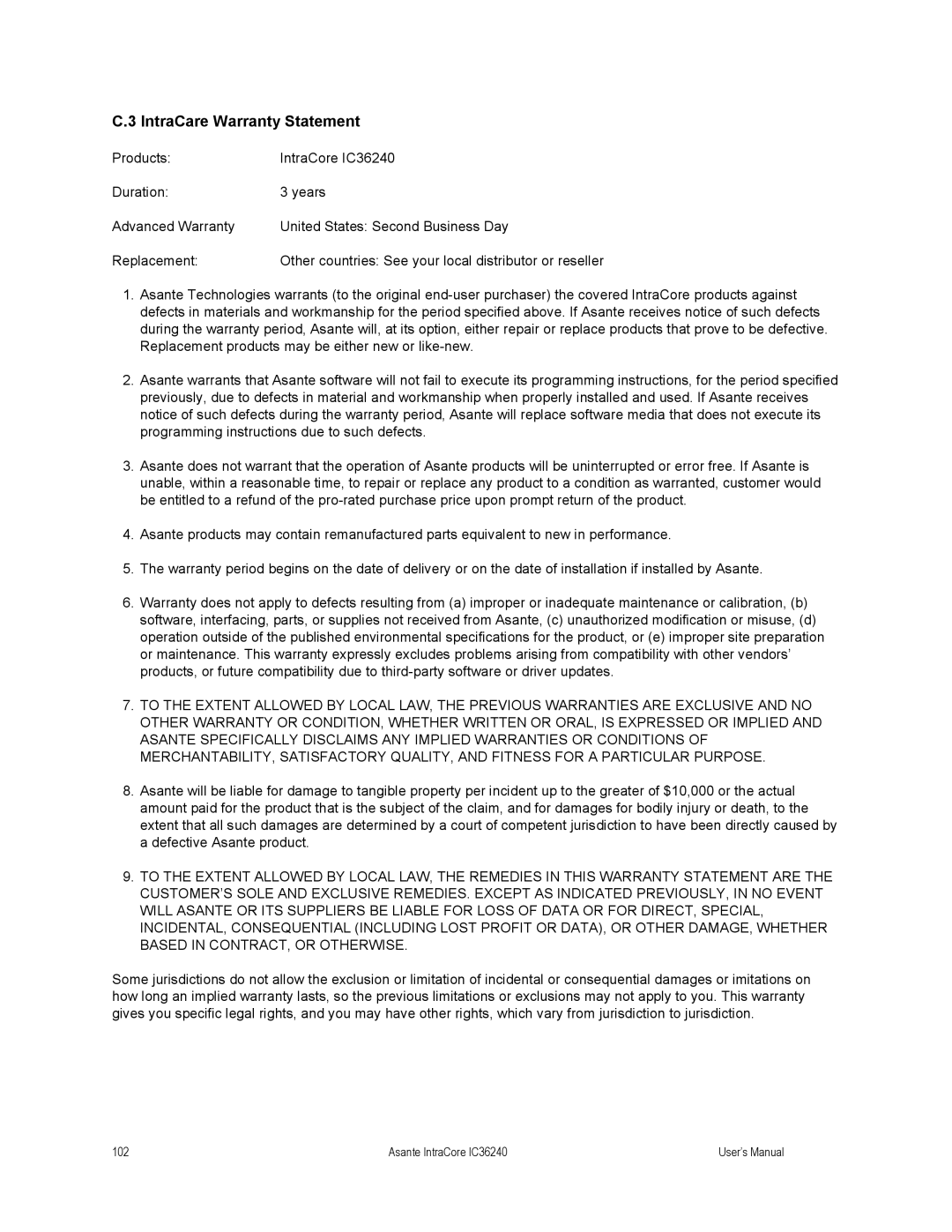 Asante Technologies IC36240 user manual IntraCare Warranty Statement 