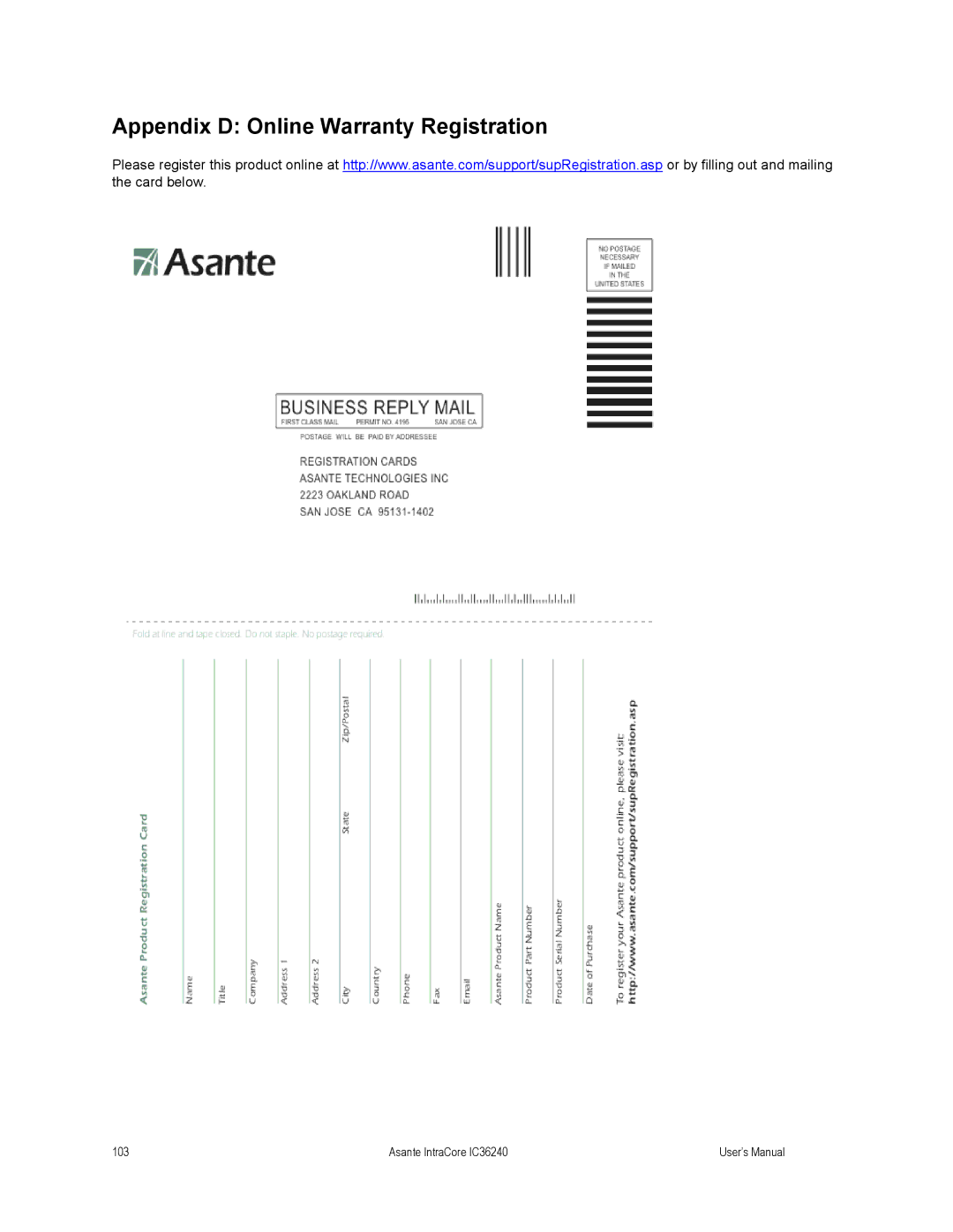 Asante Technologies IC36240 user manual Appendix D Online Warranty Registration 