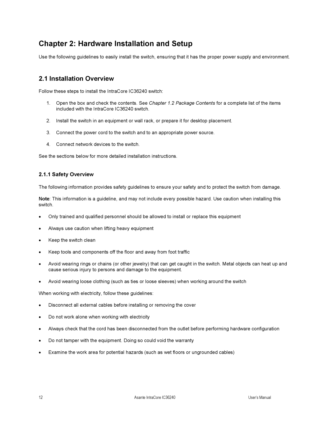 Asante Technologies IC36240 user manual Hardware Installation and Setup, Installation Overview, Safety Overview 