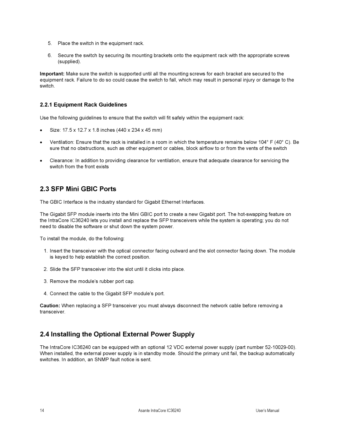 Asante Technologies IC36240 SFP Mini Gbic Ports, Installing the Optional External Power Supply, Equipment Rack Guidelines 