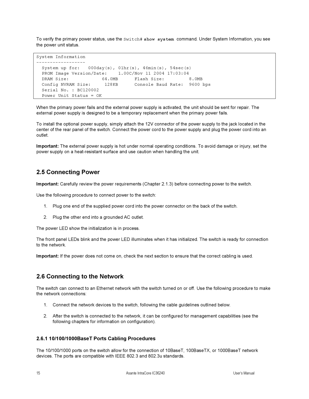 Asante Technologies IC36240 Connecting Power, Connecting to the Network, 1 10/100/1000BaseT Ports Cabling Procedures 