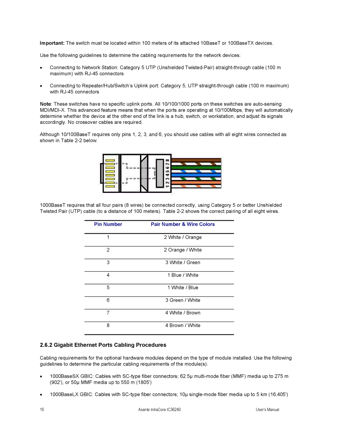 Asante Technologies IC36240 user manual Gigabit Ethernet Ports Cabling Procedures, Pin Number Pair Number & Wire Colors 