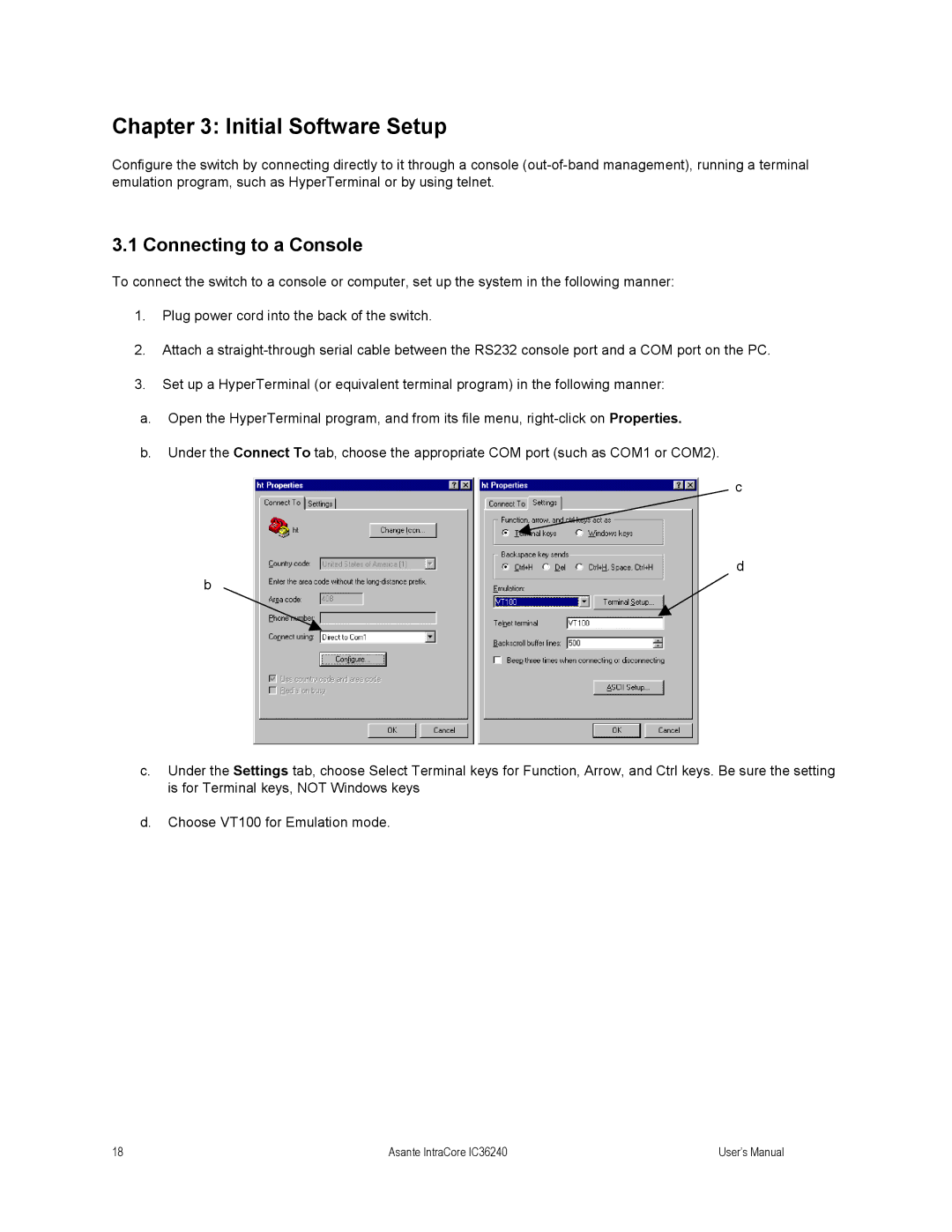 Asante Technologies IC36240 user manual Initial Software Setup, Connecting to a Console 