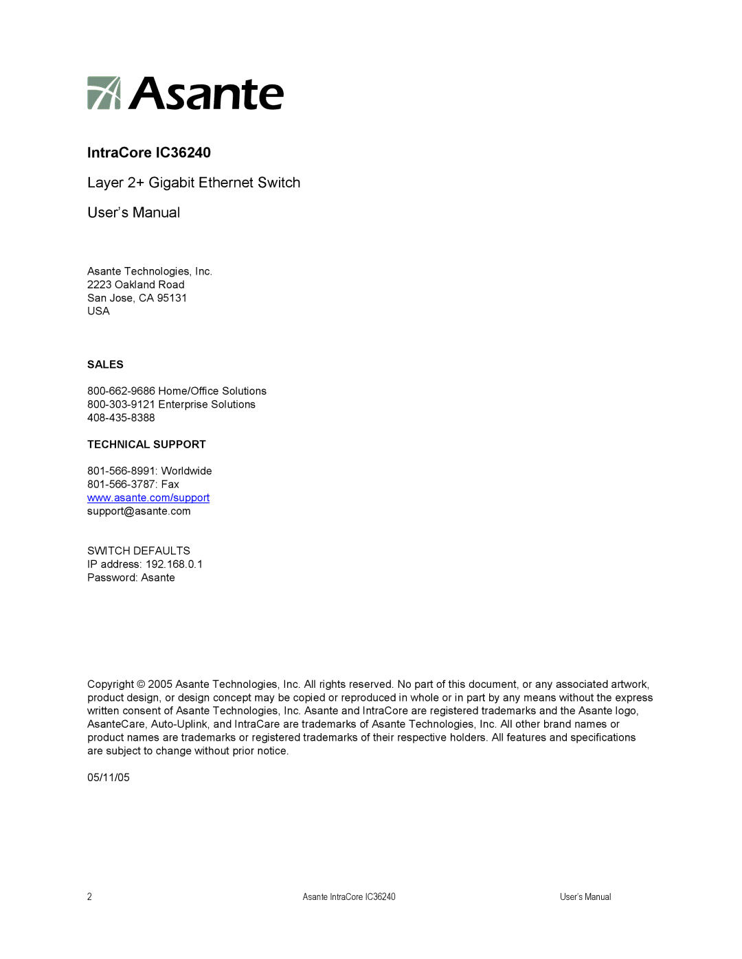 Asante Technologies user manual IntraCore IC36240, Layer 2+ Gigabit Ethernet Switch User’s Manual 