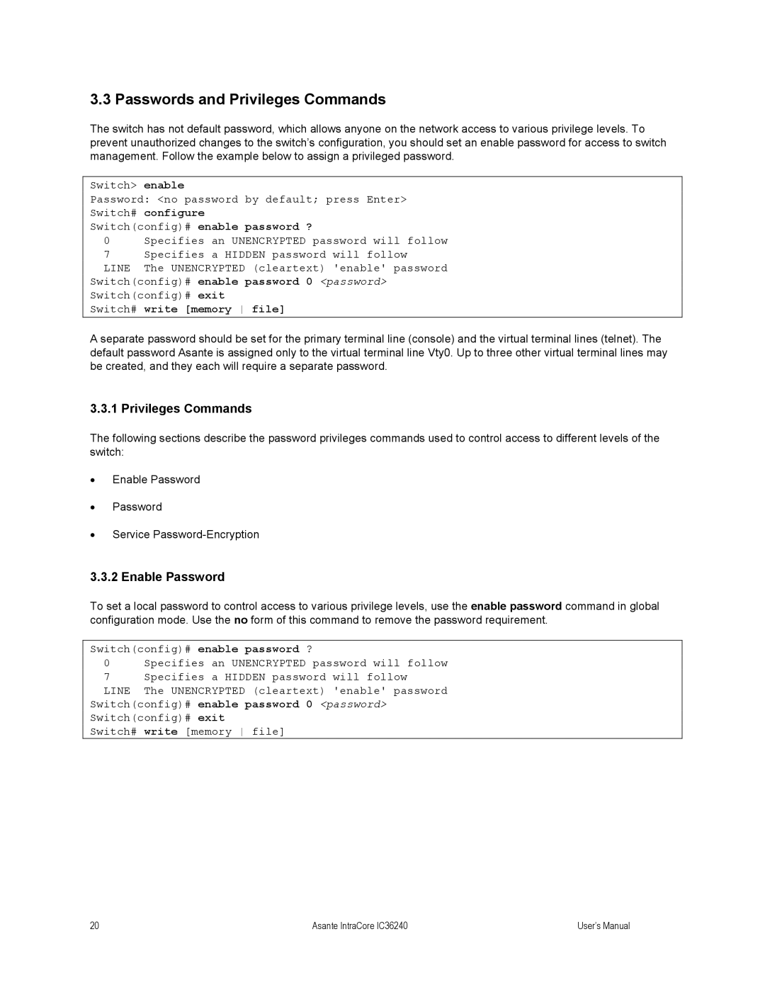 Asante Technologies IC36240 user manual Passwords and Privileges Commands, Enable Password 