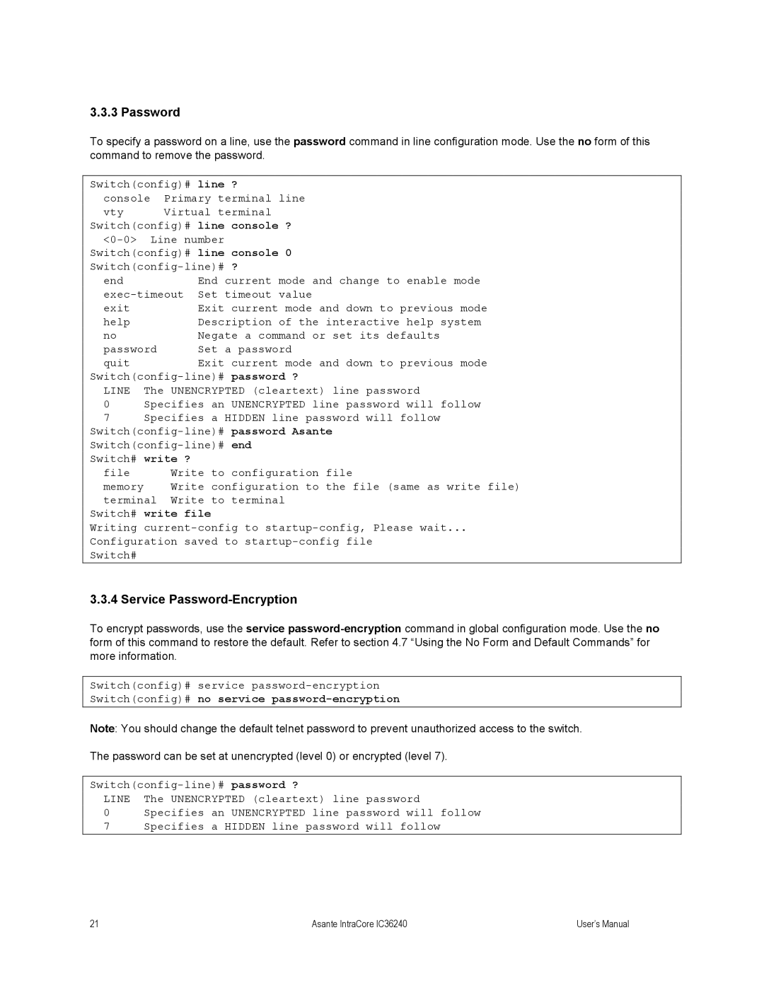 Asante Technologies IC36240 user manual Service Password-Encryption 