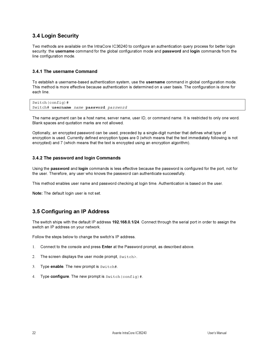 Asante Technologies IC36240 Login Security, Configuring an IP Address, Username Command, Password and login Commands 