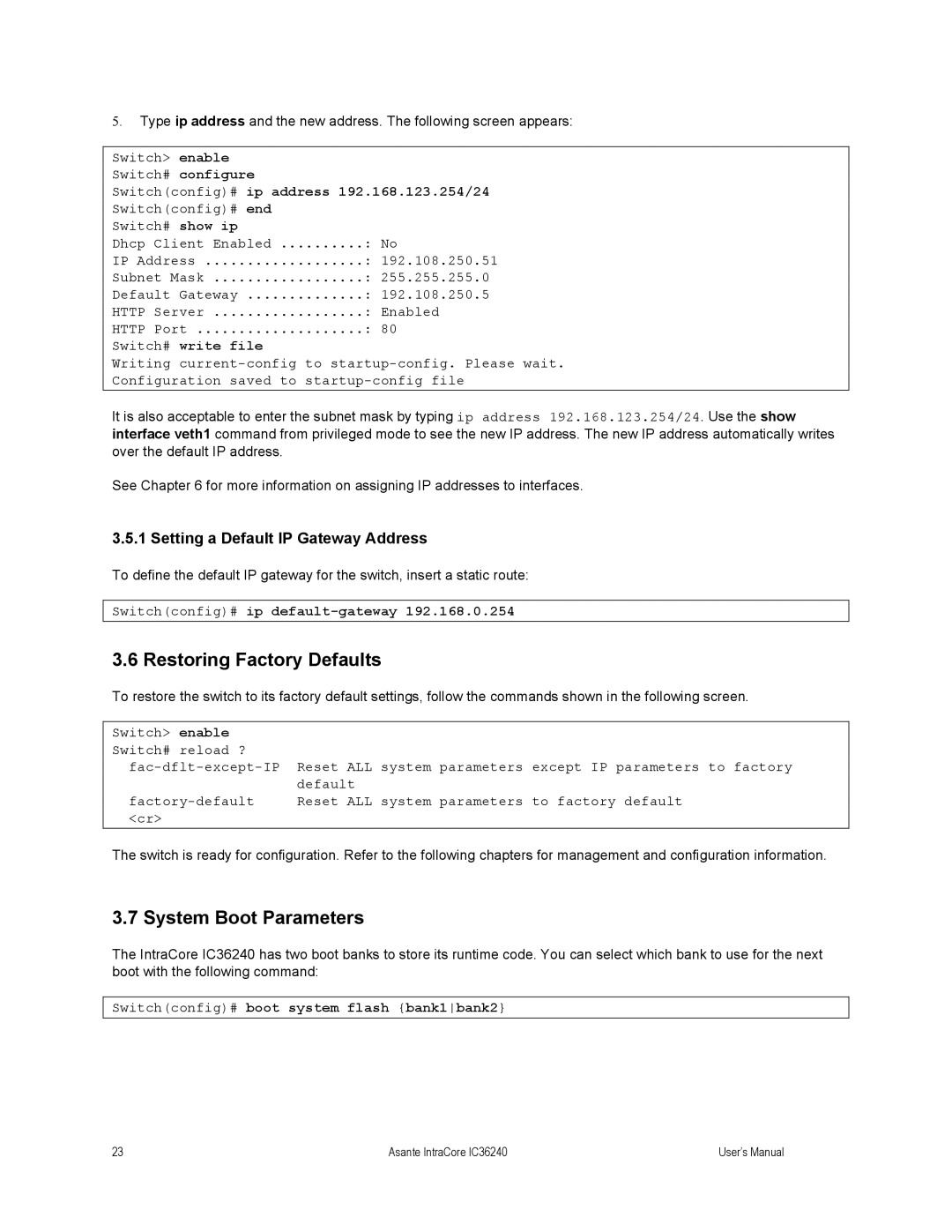 Asante Technologies IC36240 Restoring Factory Defaults, System Boot Parameters, Setting a Default IP Gateway Address 