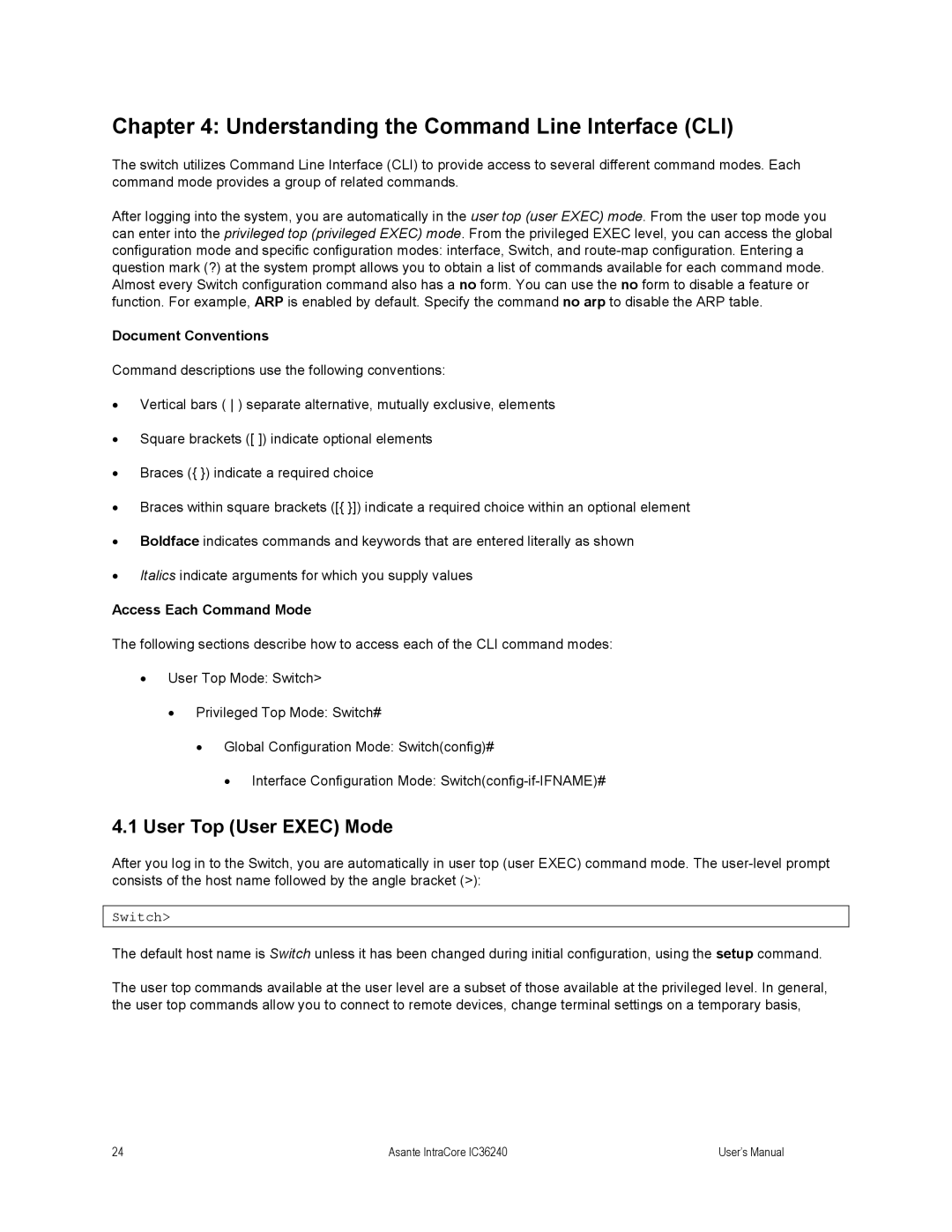 Asante Technologies IC36240 Understanding the Command Line Interface CLI, User Top User Exec Mode, Document Conventions 