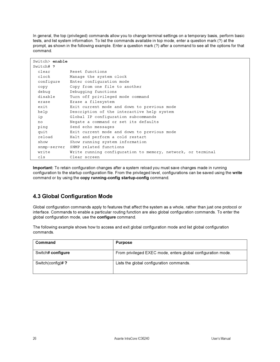 Asante Technologies IC36240 user manual Global Configuration Mode 