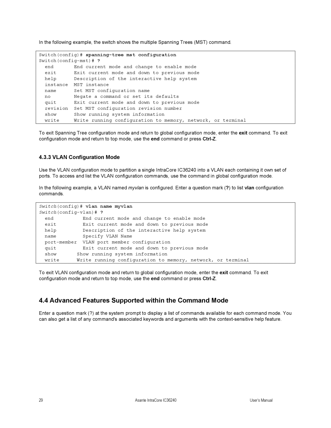 Asante Technologies IC36240 user manual Advanced Features Supported within the Command Mode, Vlan Configuration Mode 