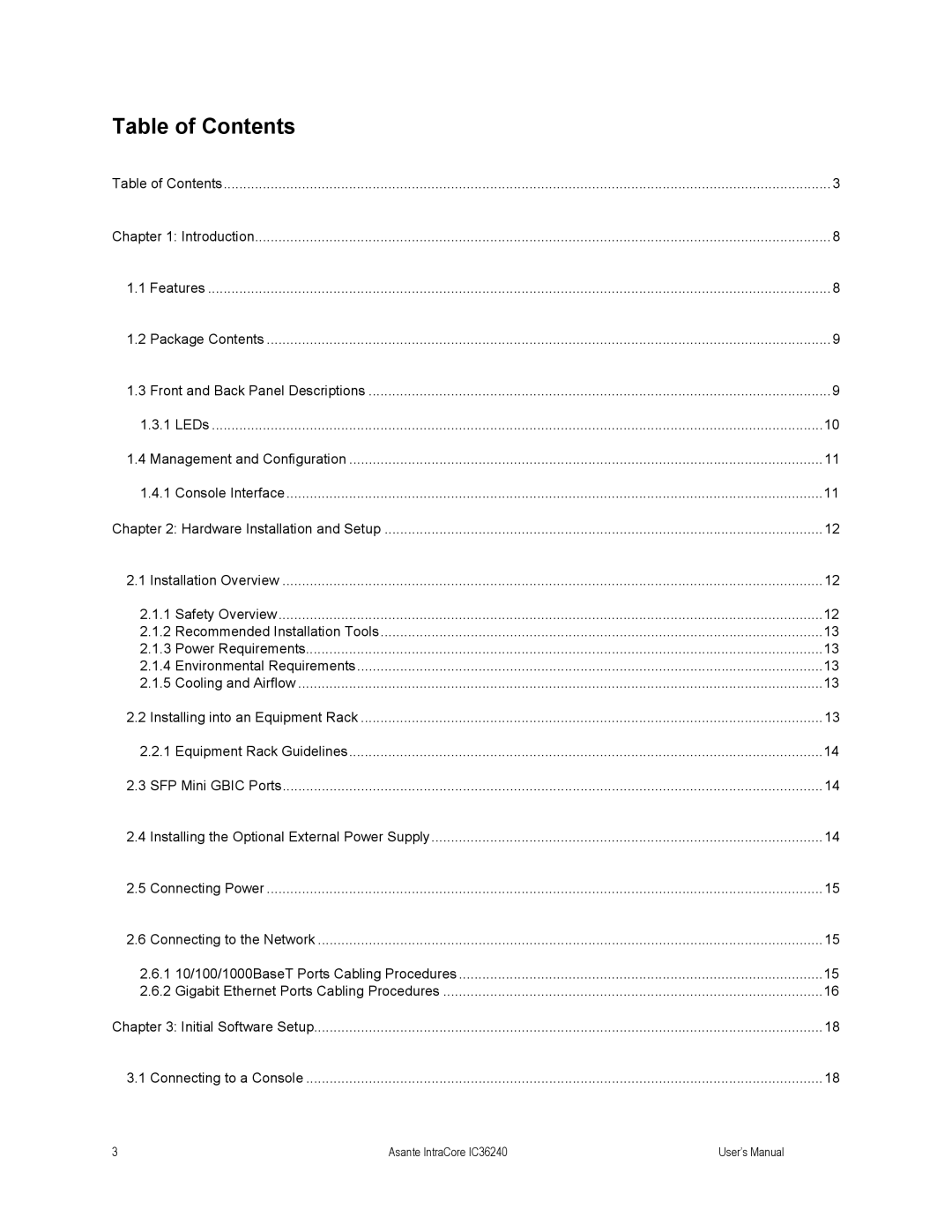 Asante Technologies IC36240 user manual Table of Contents 