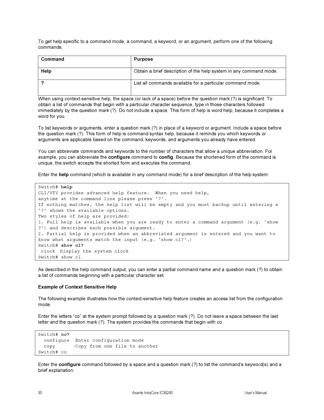 Asante Technologies IC36240 user manual Command Help Purpose, Example of Context Sensitive Help 