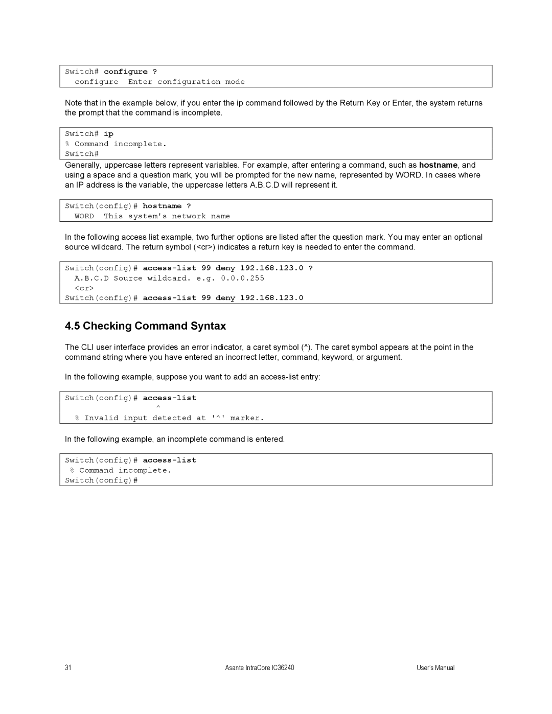 Asante Technologies IC36240 user manual Checking Command Syntax, Switch# configure ? 