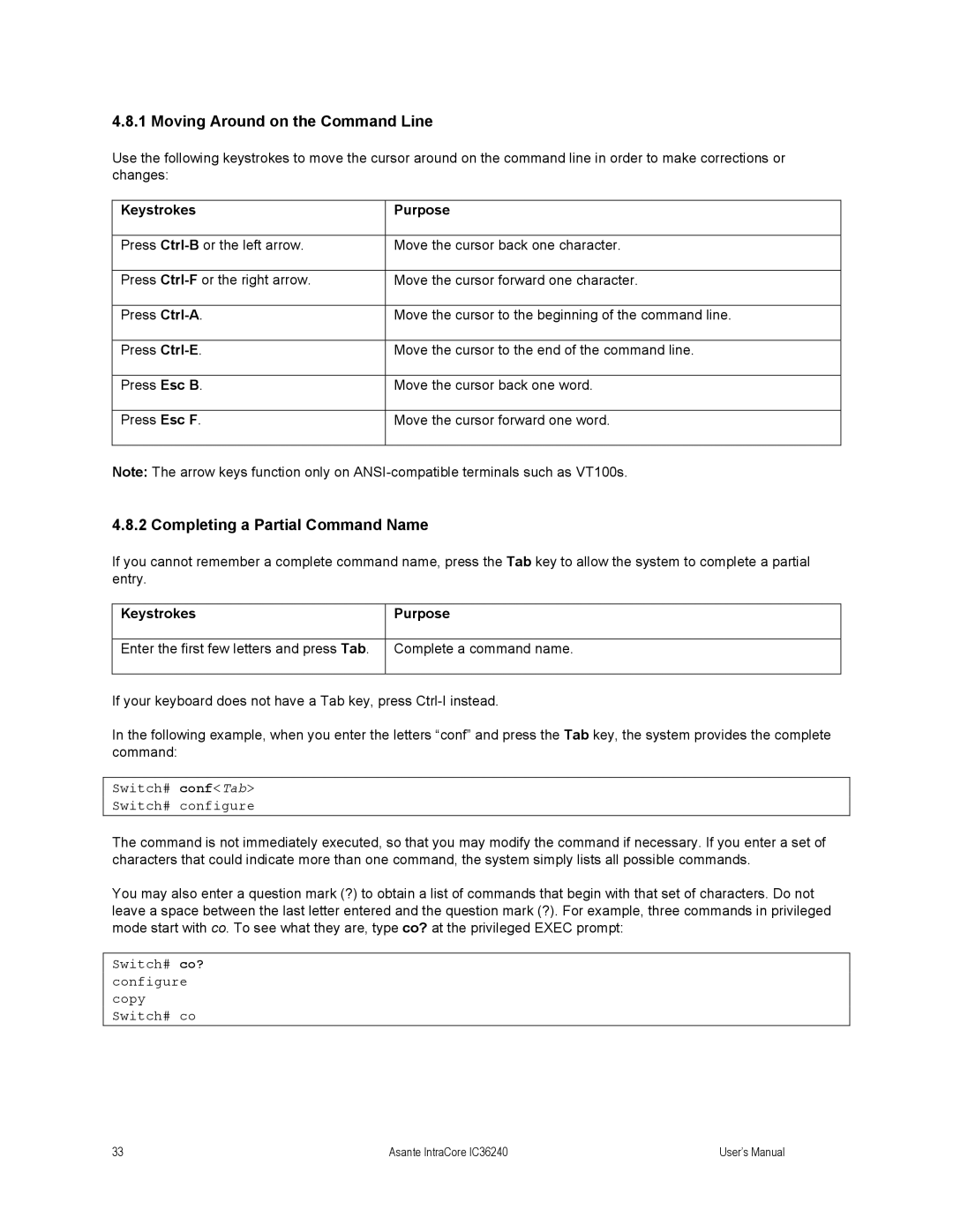 Asante Technologies IC36240 Moving Around on the Command Line, Completing a Partial Command Name, Keystrokes Purpose 