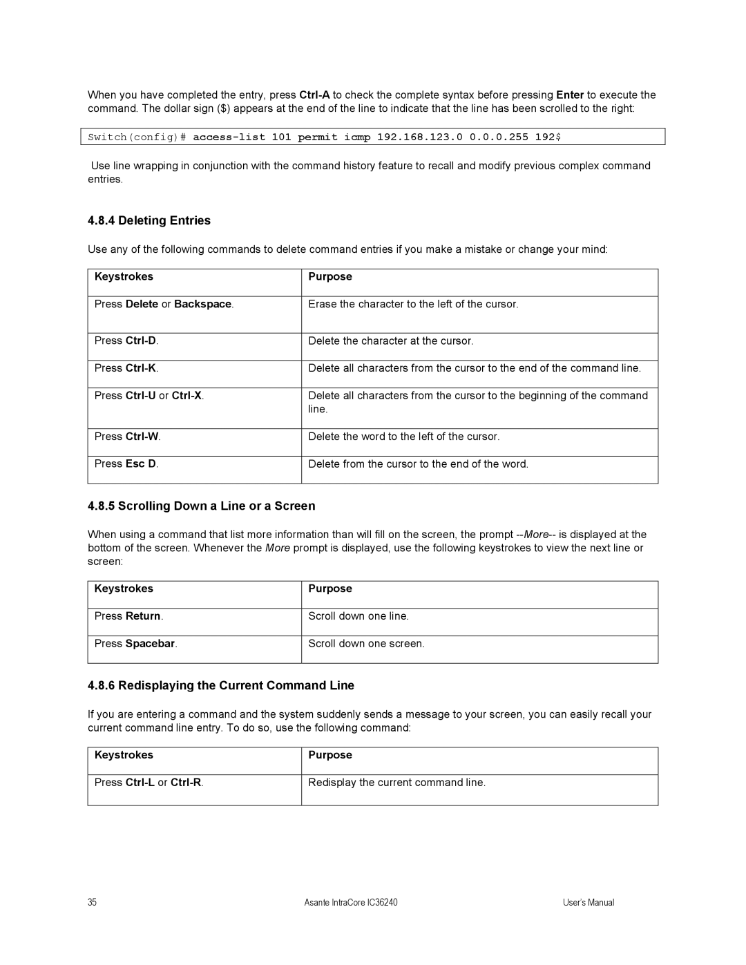Asante Technologies IC36240 Deleting Entries, Scrolling Down a Line or a Screen, Redisplaying the Current Command Line 