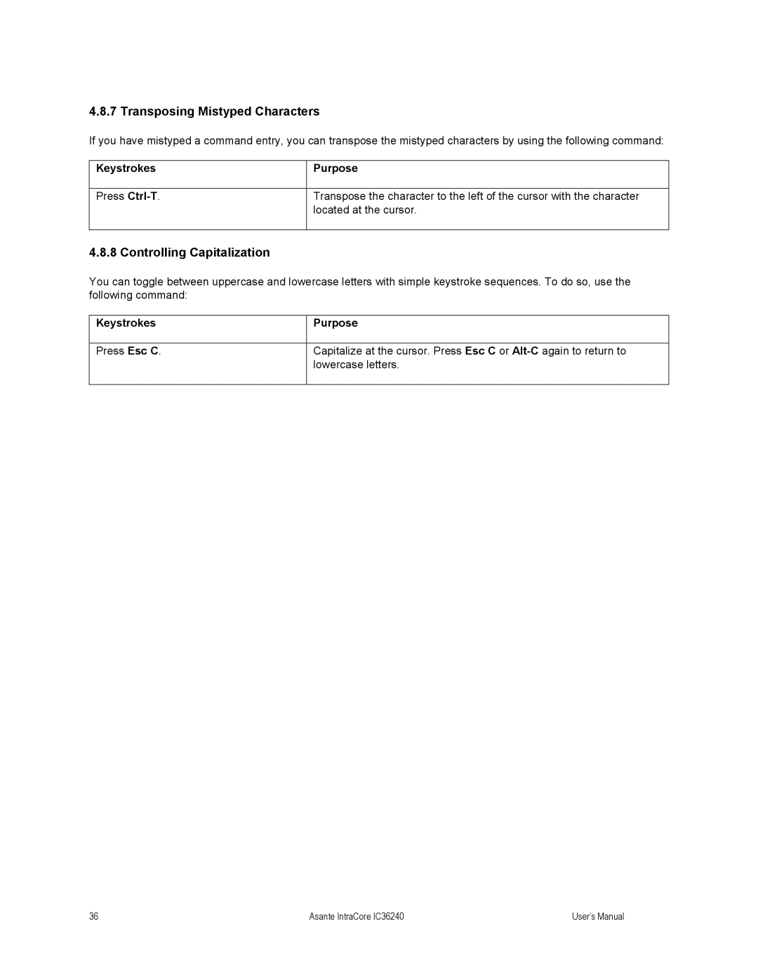 Asante Technologies IC36240 user manual Transposing Mistyped Characters, Controlling Capitalization, Keystrokes 