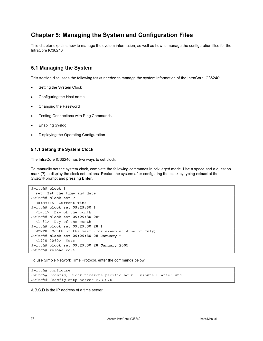 Asante Technologies IC36240 Managing the System and Configuration Files, Setting the System Clock, Switch# clock ? 