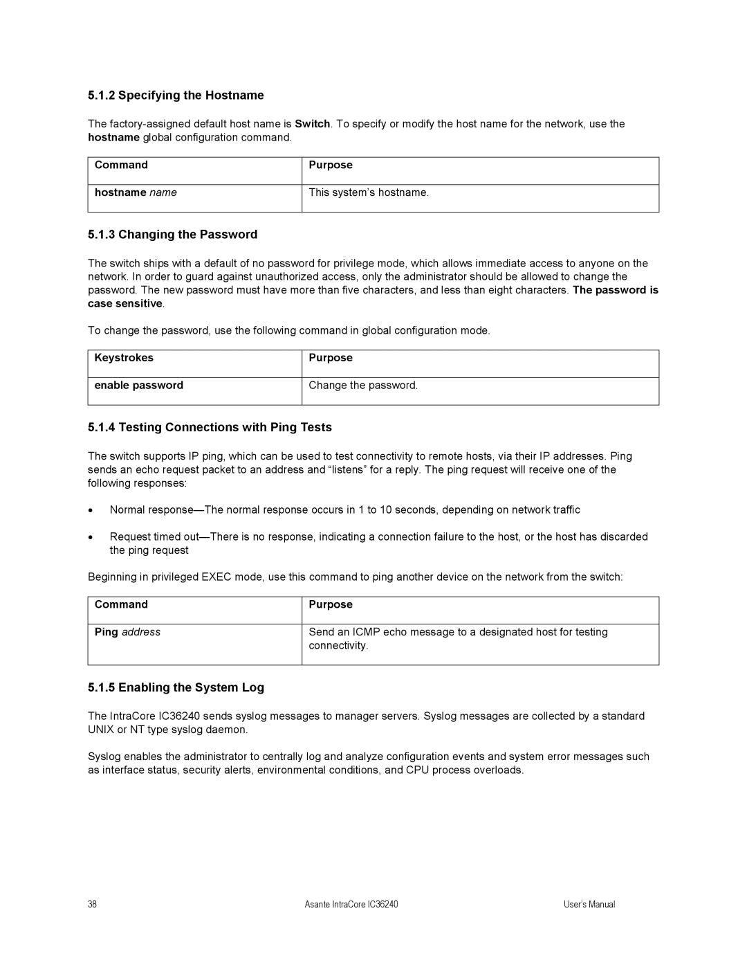 Asante Technologies IC36240 user manual Specifying the Hostname, Changing the Password, Testing Connections with Ping Tests 