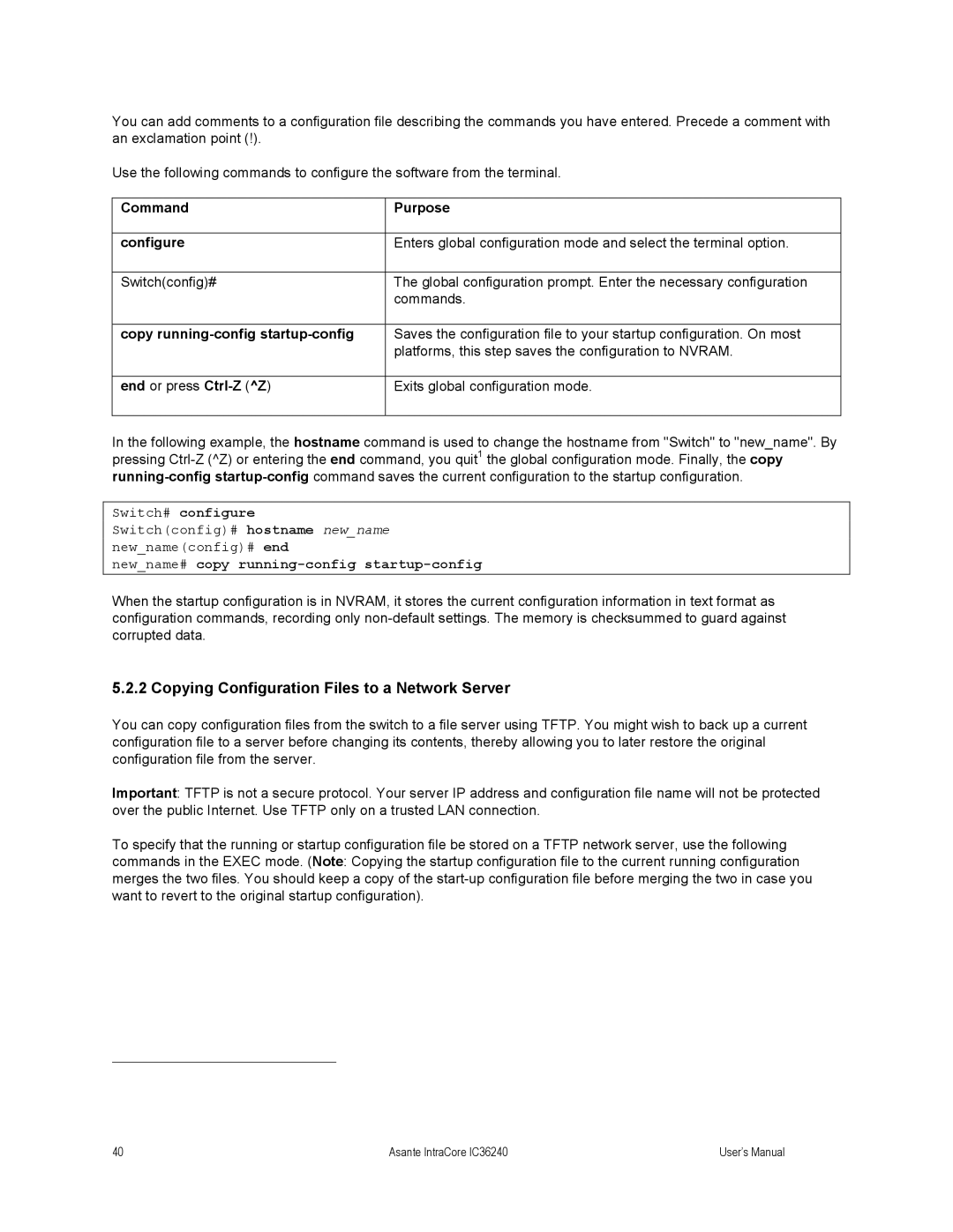 Asante Technologies IC36240 Copying Configuration Files to a Network Server, Newname# copy running-config startup-config 