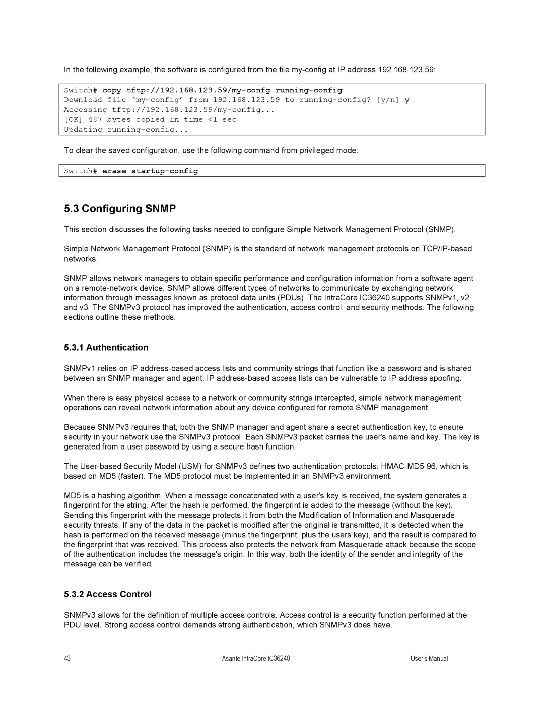 Asante Technologies IC36240 user manual Configuring Snmp, Authentication, Access Control, Switch# erase startup-config 