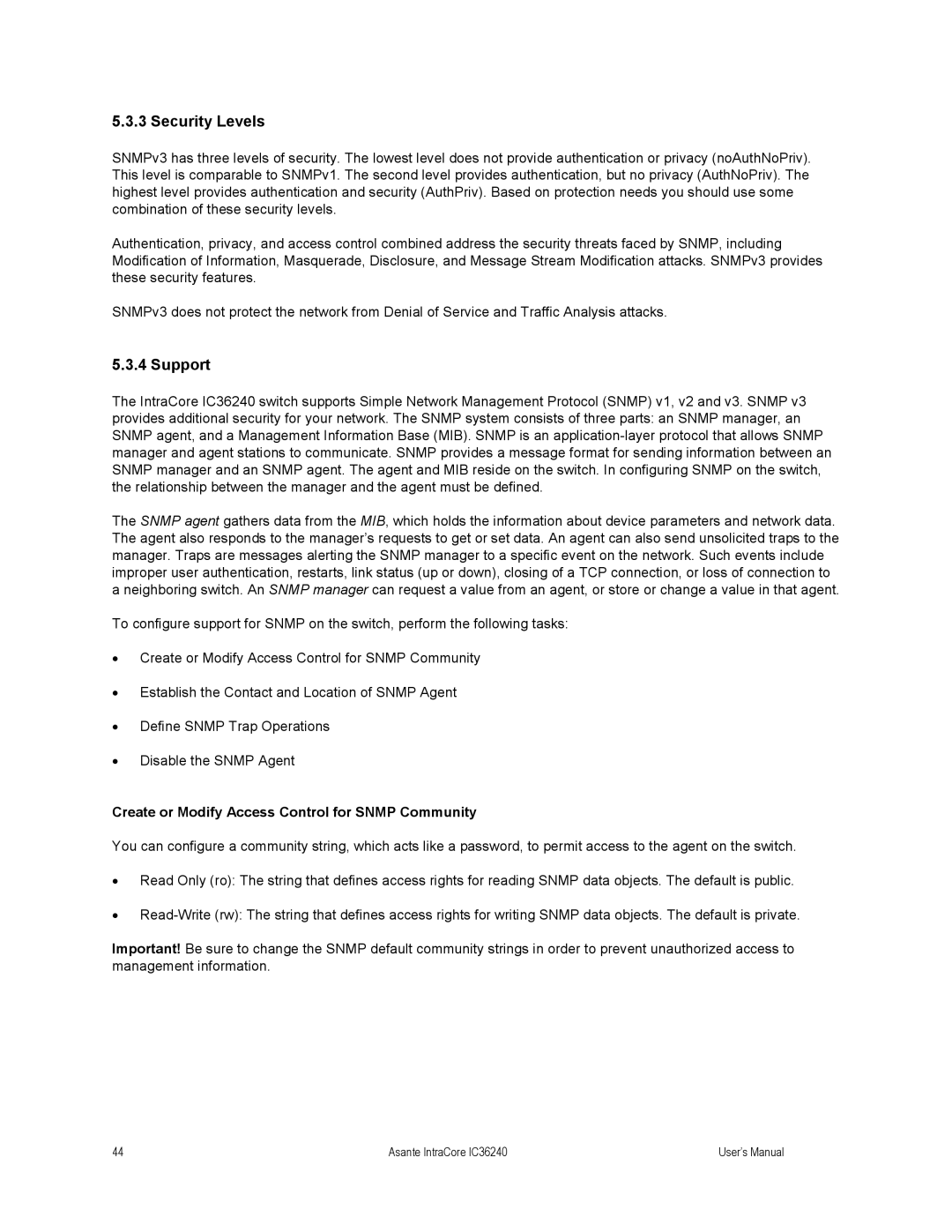 Asante Technologies IC36240 user manual Security Levels, Support, Create or Modify Access Control for Snmp Community 