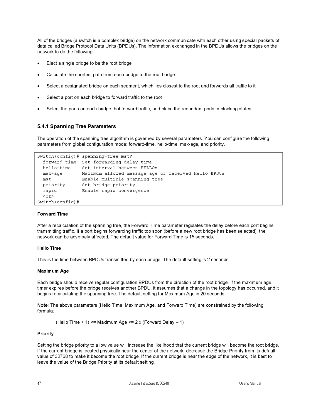 Asante Technologies IC36240 user manual Spanning Tree Parameters, Spanning-tree mst? 