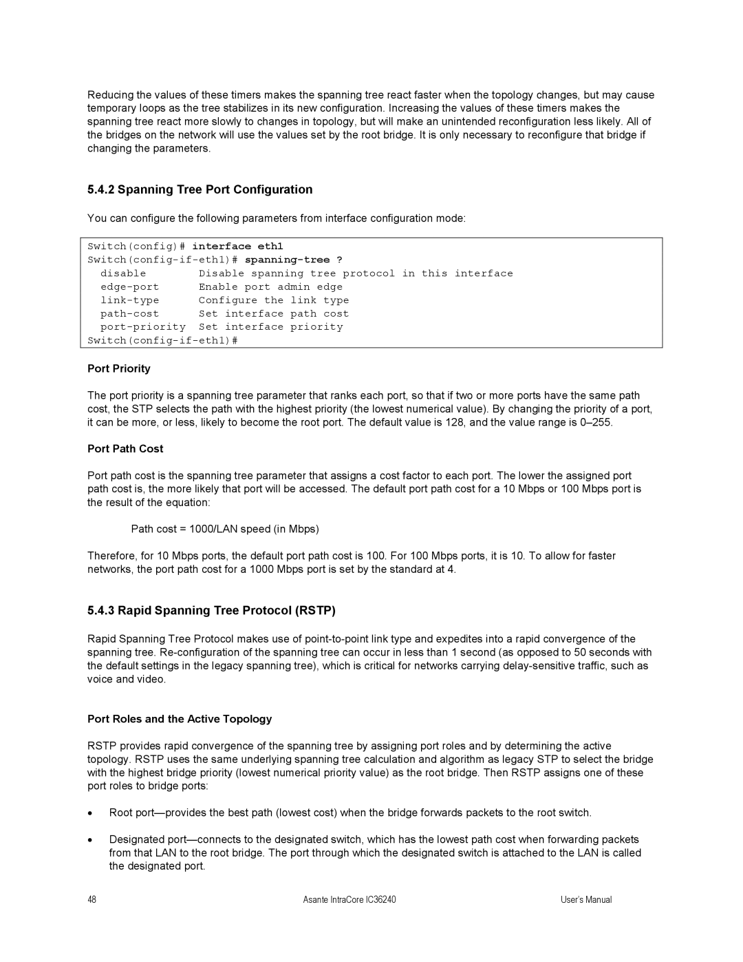 Asante Technologies IC36240 user manual Spanning Tree Port Configuration, Rapid Spanning Tree Protocol Rstp, Port Priority 