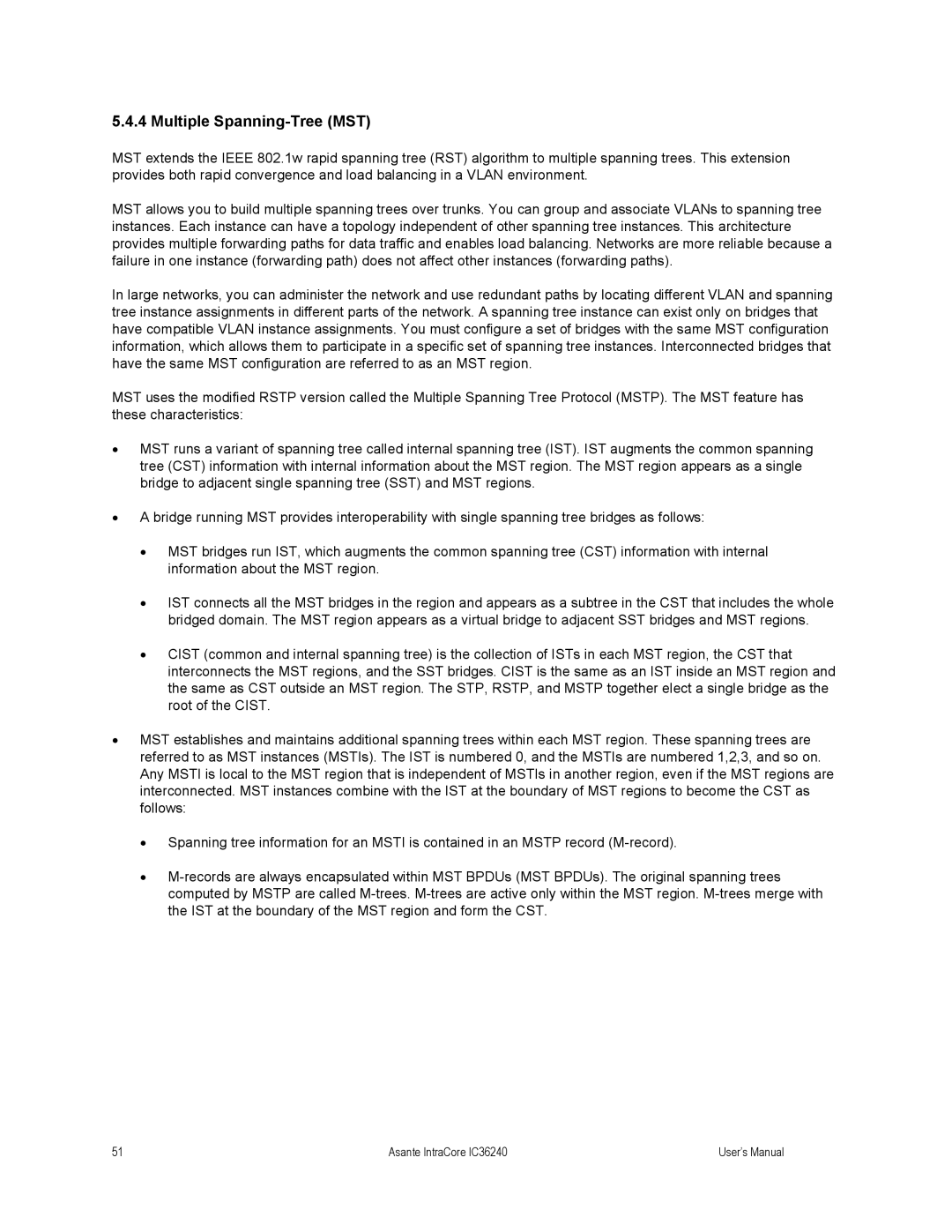 Asante Technologies IC36240 user manual Multiple Spanning-Tree MST 