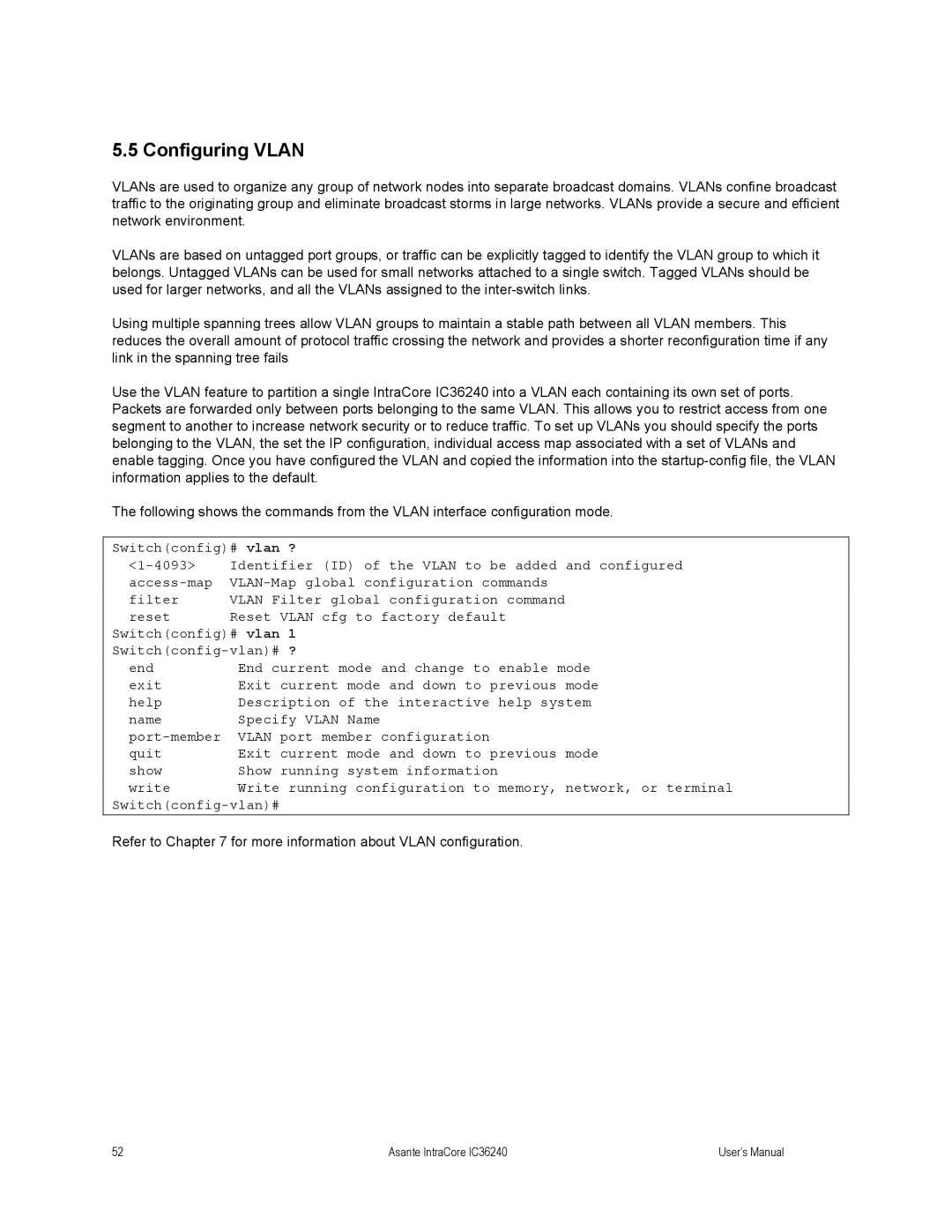 Asante Technologies IC36240 user manual Configuring Vlan 