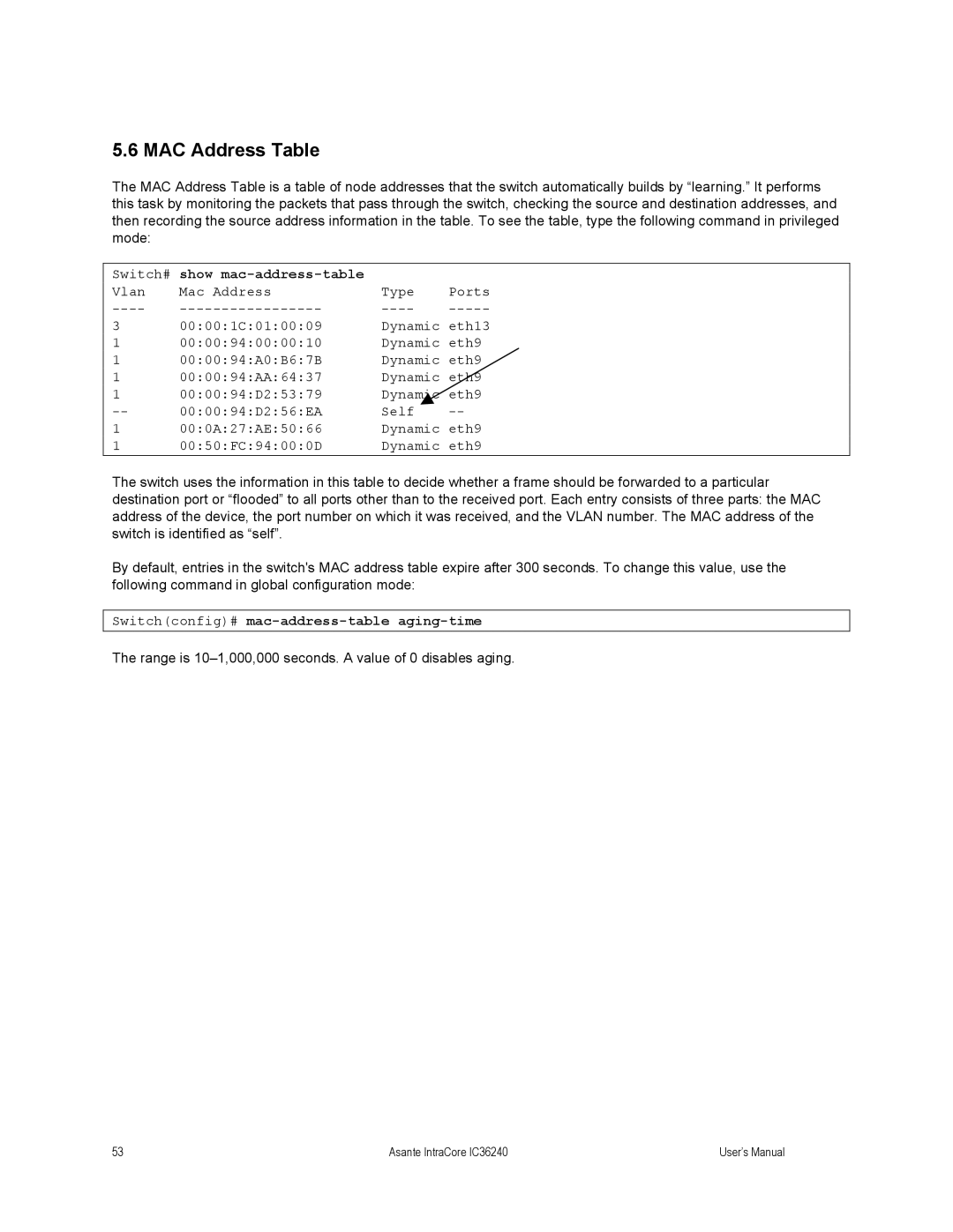 Asante Technologies IC36240 MAC Address Table, Show mac-address-table, Switchconfig# mac-address-table aging-time 