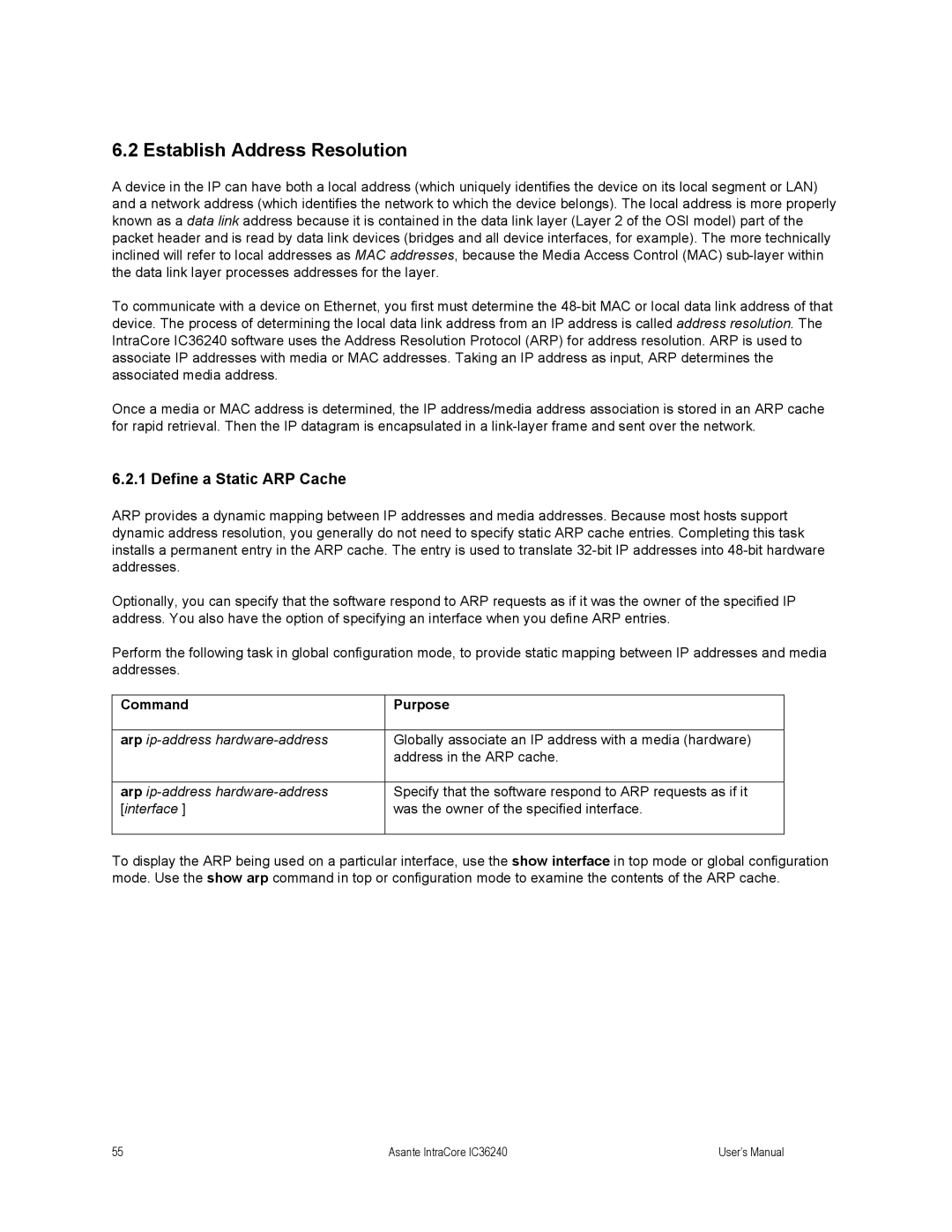 Asante Technologies IC36240 user manual Establish Address Resolution, Define a Static ARP Cache 