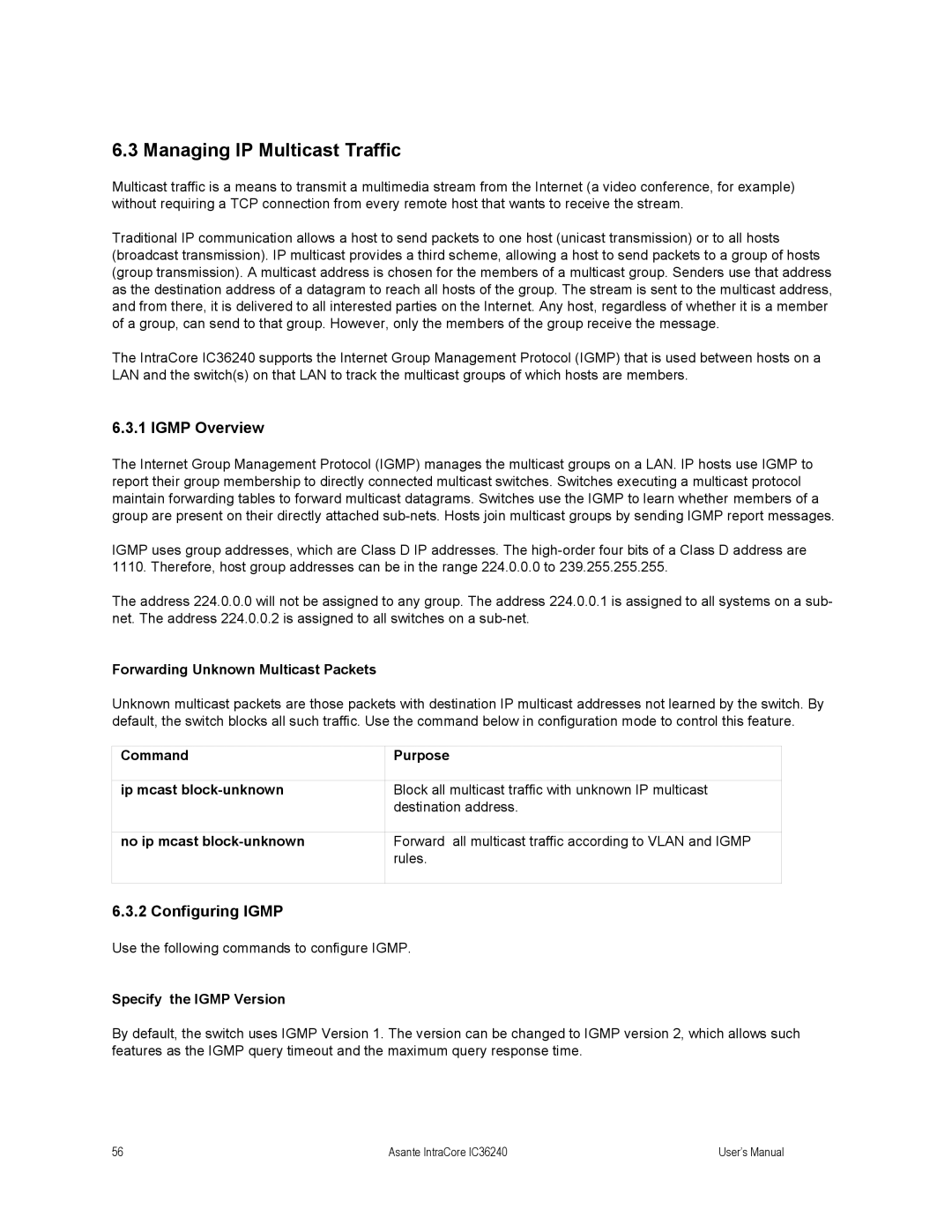 Asante Technologies IC36240 Managing IP Multicast Traffic, Igmp Overview, Configuring Igmp, Specify the Igmp Version 