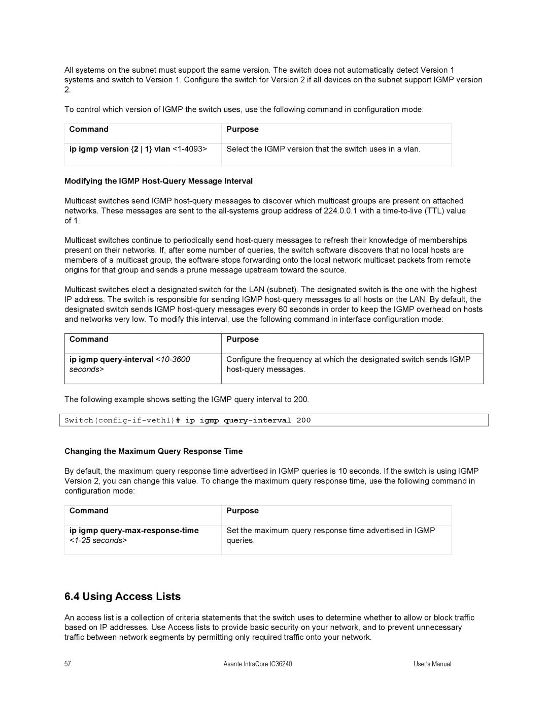 Asante Technologies IC36240 Using Access Lists, Host-query messages, Switchconfig-if-veth1#ip igmp query-interval 