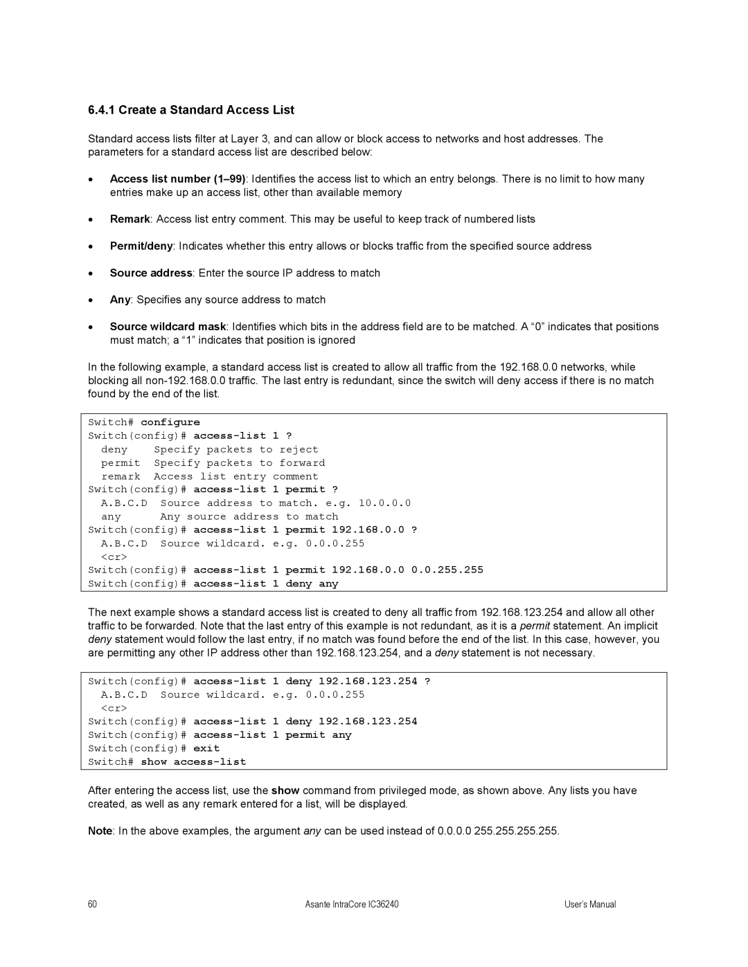 Asante Technologies IC36240 user manual Create a Standard Access List 