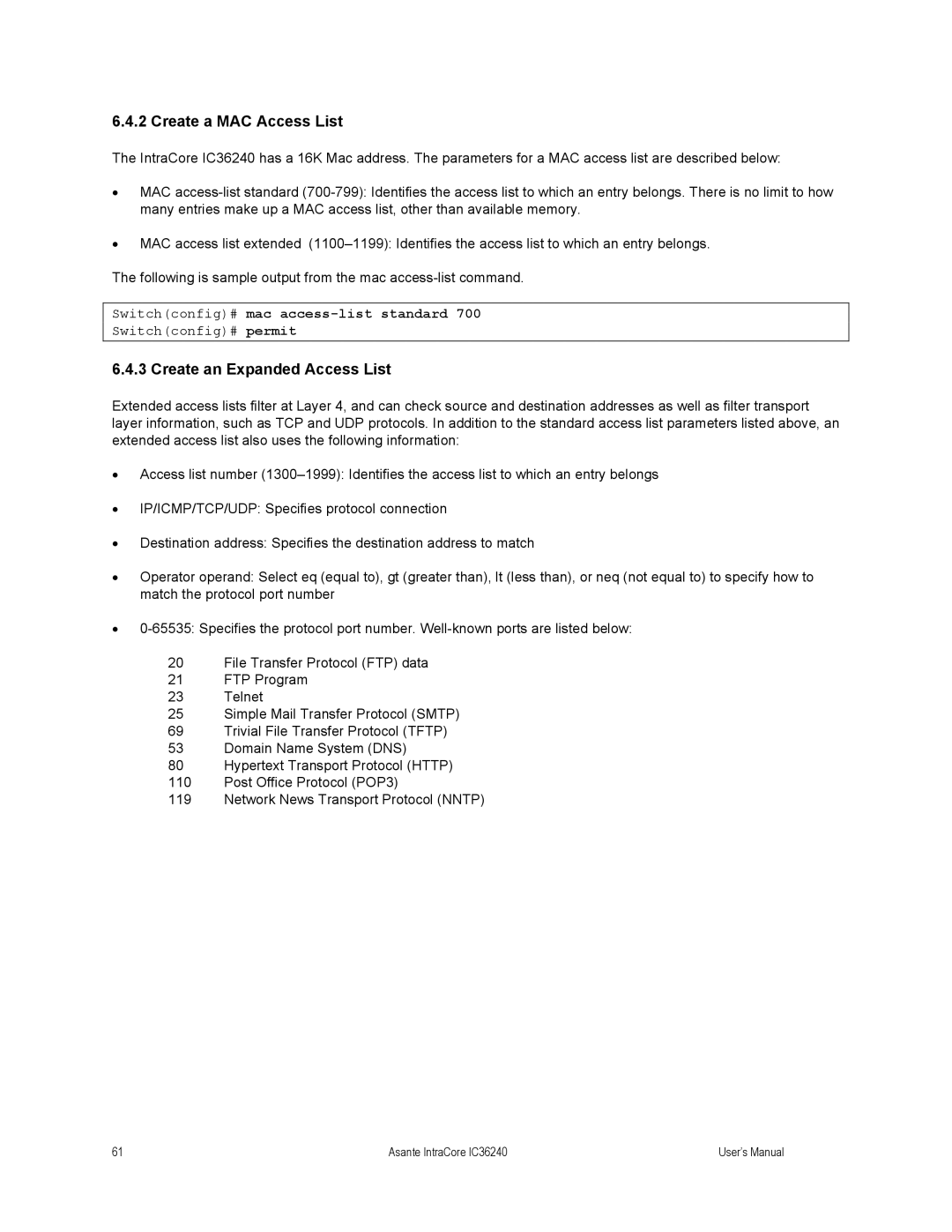 Asante Technologies IC36240 user manual Create a MAC Access List, Create an Expanded Access List 