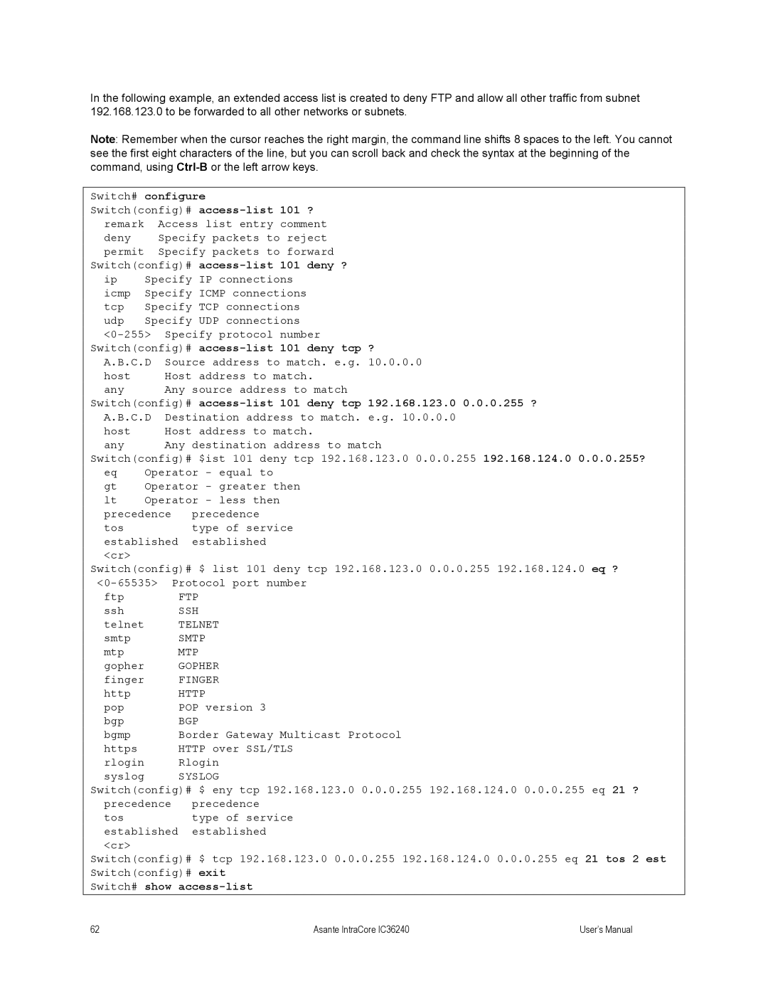 Asante Technologies IC36240 user manual Access-list 101 ?, Access-list 101 deny ?, Access-list 101 deny tcp ? 