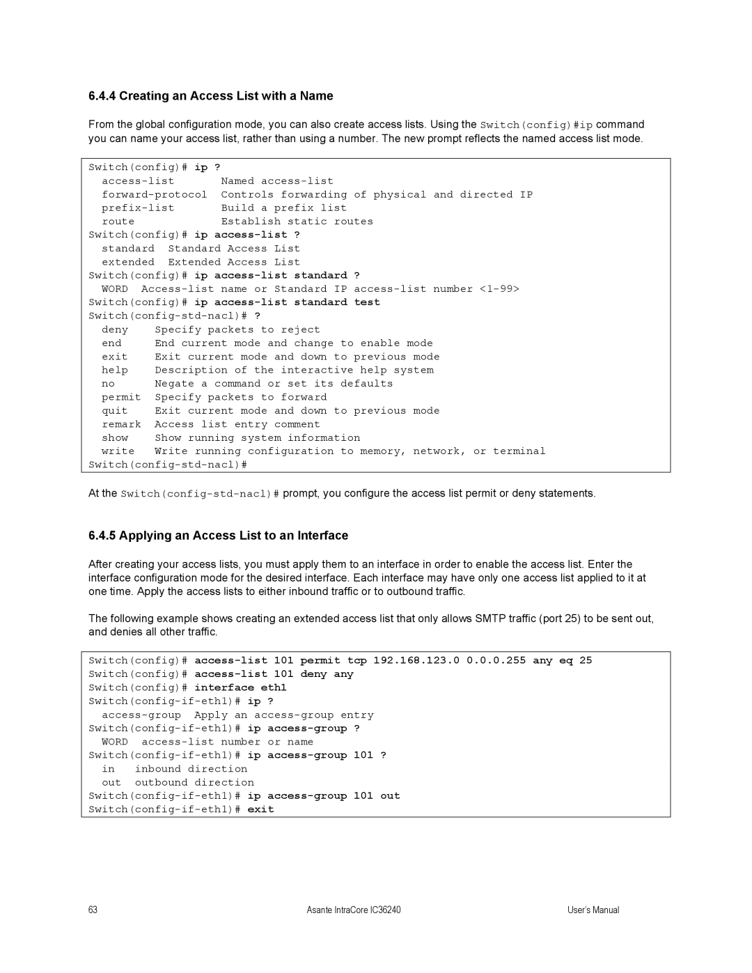 Asante Technologies IC36240 Creating an Access List with a Name, Applying an Access List to an Interface, Access-list ? 