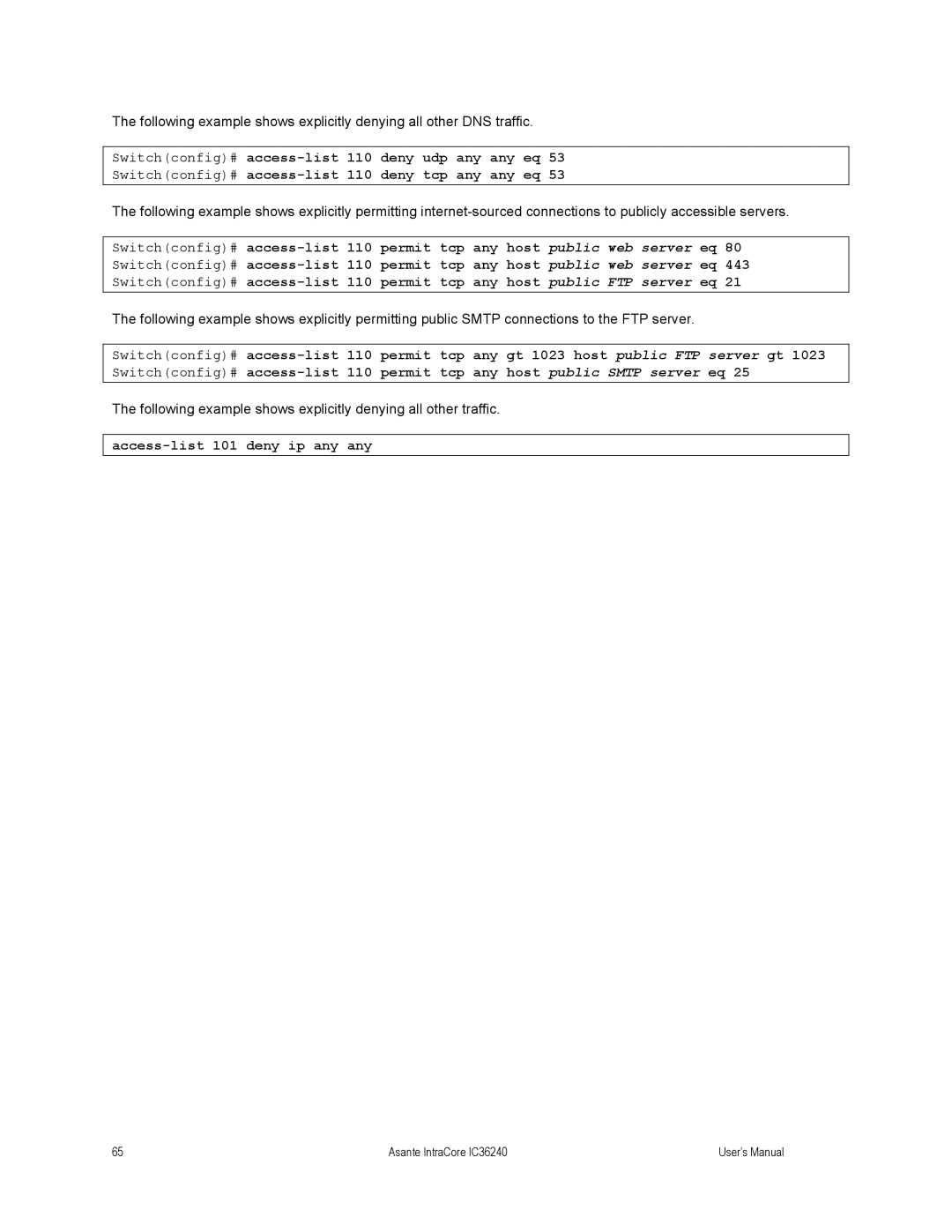 Asante Technologies IC36240 user manual Access-list 101 deny ip any any 