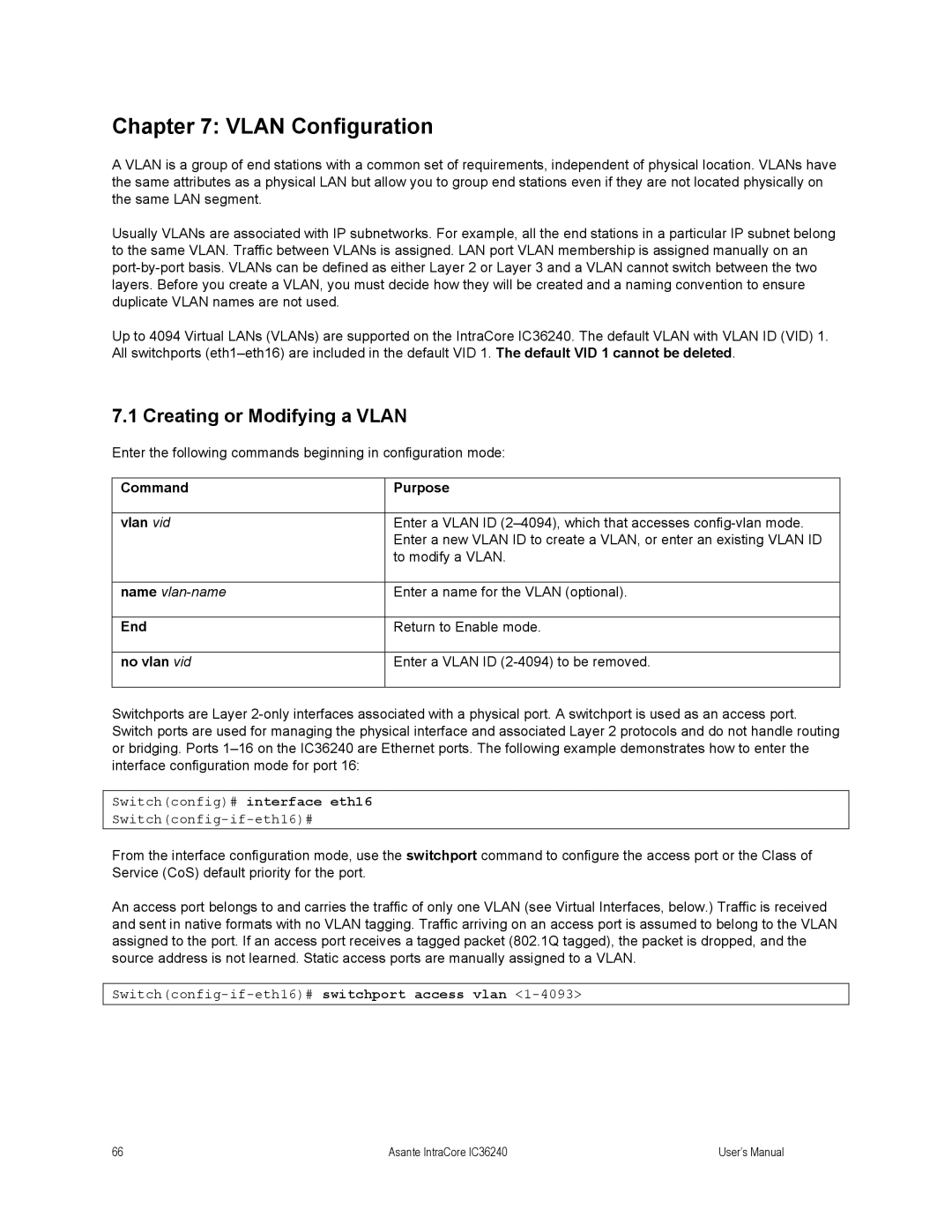 Asante Technologies IC36240 user manual Vlan Configuration, Creating or Modifying a Vlan 