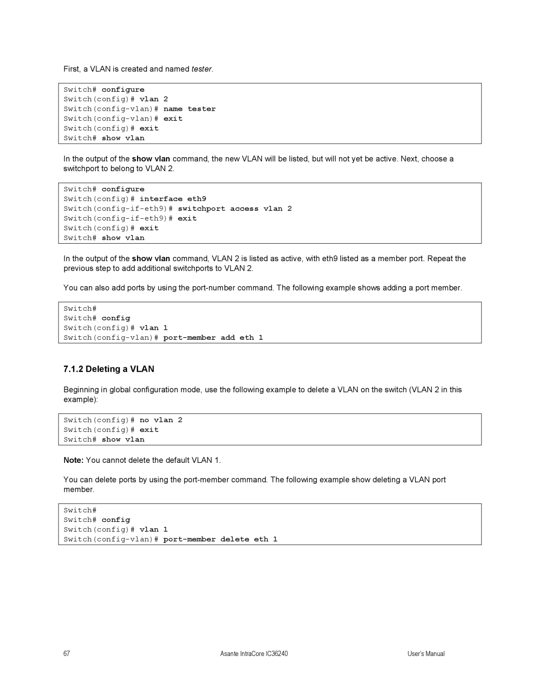 Asante Technologies IC36240 user manual Deleting a Vlan, Switch# show vlan, Switchconfig-vlan#port-member delete eth 