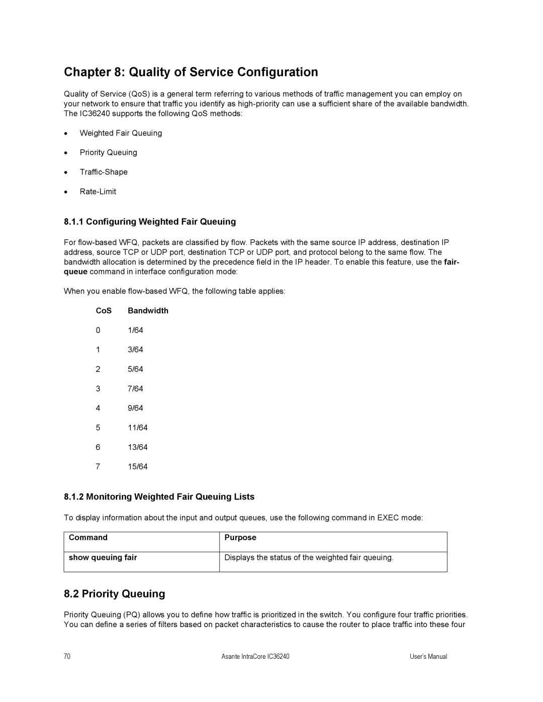 Asante Technologies IC36240 Quality of Service Configuration, Priority Queuing, Configuring Weighted Fair Queuing 