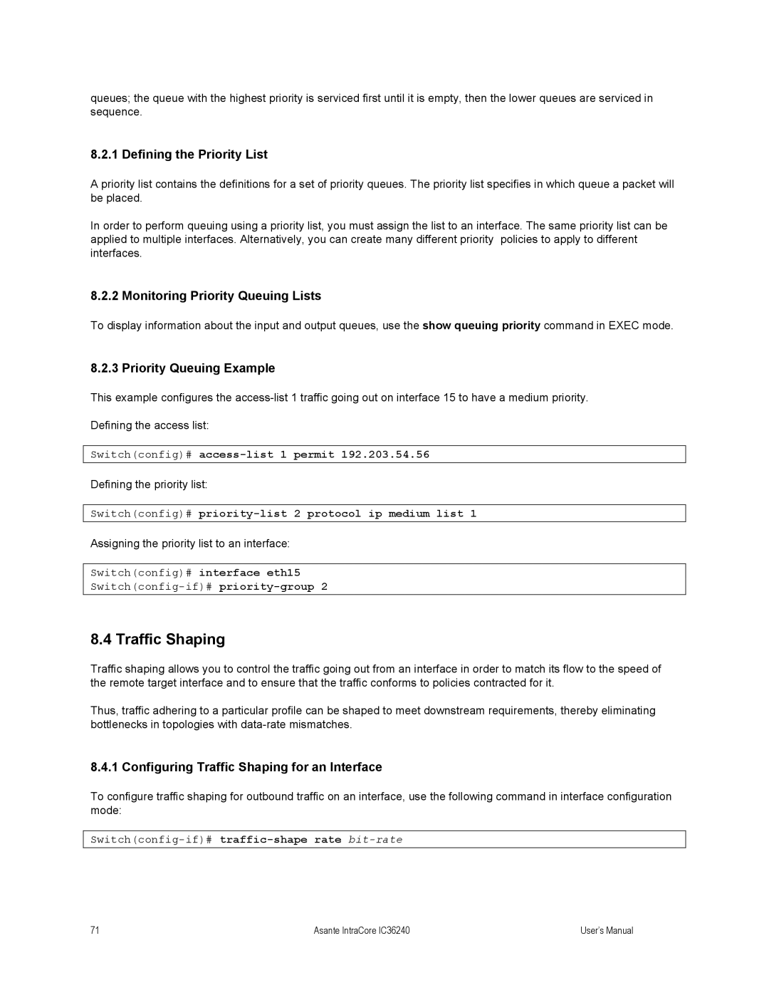 Asante Technologies IC36240 user manual Traffic Shaping, Defining the Priority List, Monitoring Priority Queuing Lists 